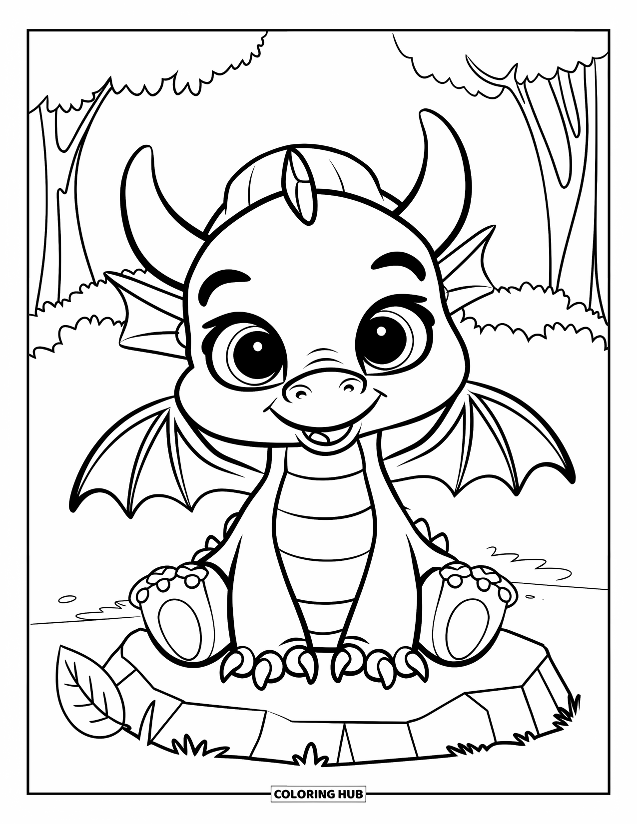 Disegno di un cucciolo di drago da colorare per bambini: Un cucciolo di drago con un cappello siede su una roccia accanto a una foglia nella foresta