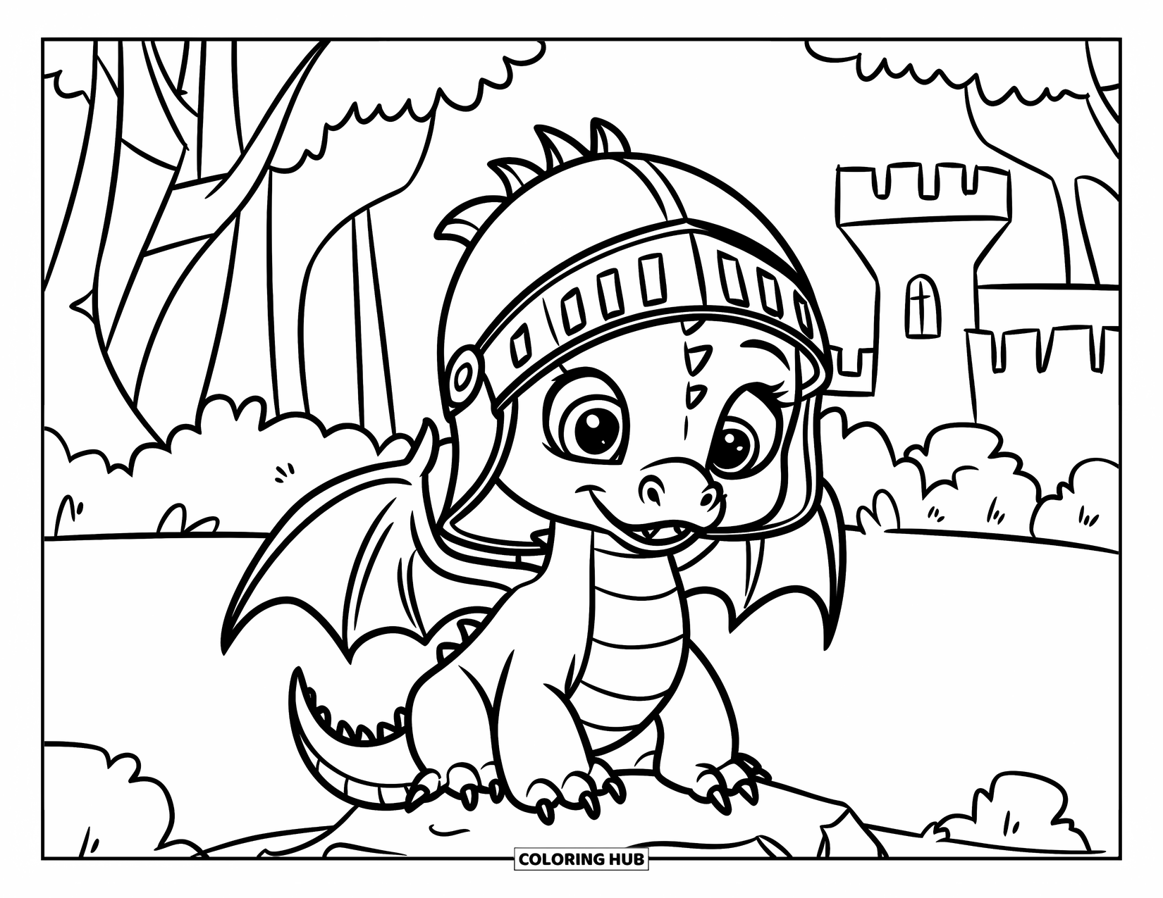 Disegno di un cucciolo di drago da colorare per bambini: Un cucciolo di drago indossa un enorme elmetto da cavaliere mentre siede su una roccia vicino a un castello