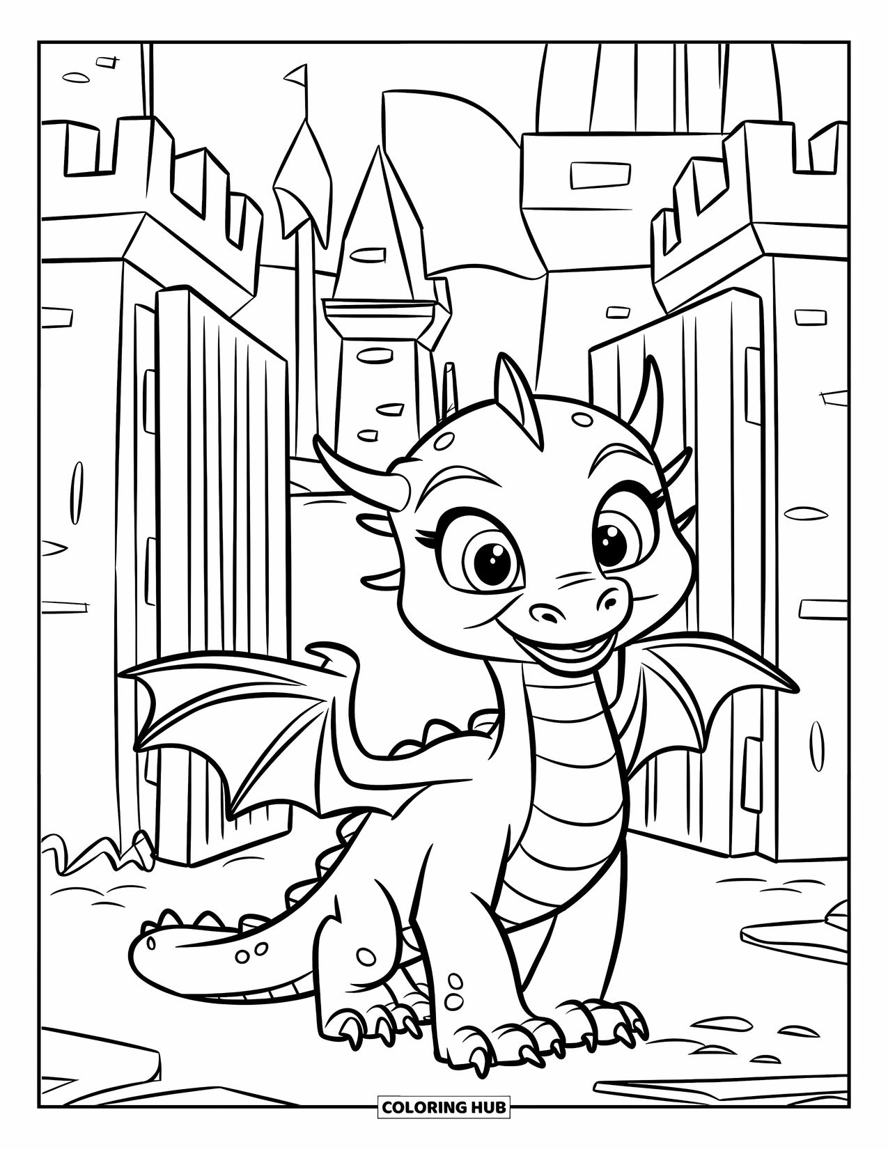 Disegno di un cucciolo di drago da colorare per bambini: Un drago allegro si erge orgogliosamente di fronte al cancello di un castello con una bandiera
