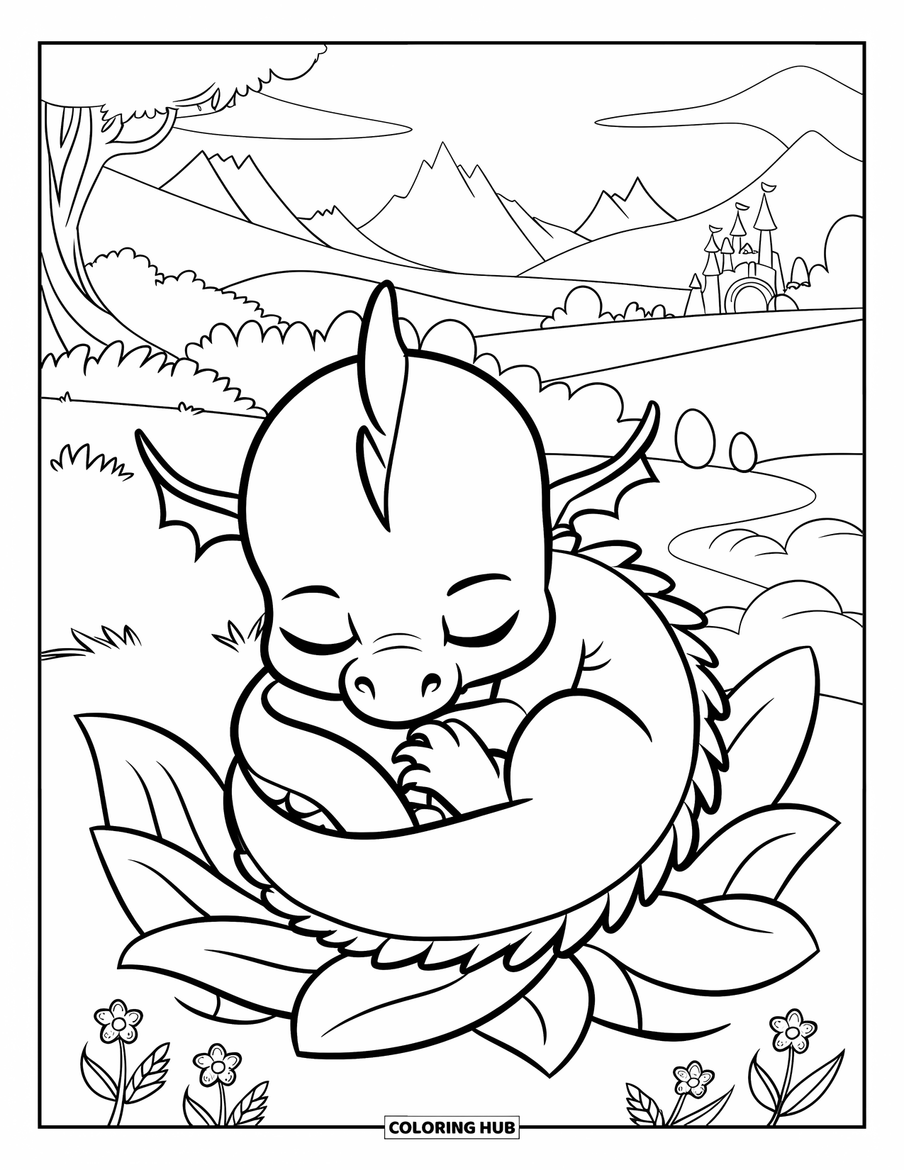 Disegno di un cucciolo di drago da colorare per bambini: Un cucciolo di drago accogliente sonnecchia su una pianta frondosa vicino a un castello distante