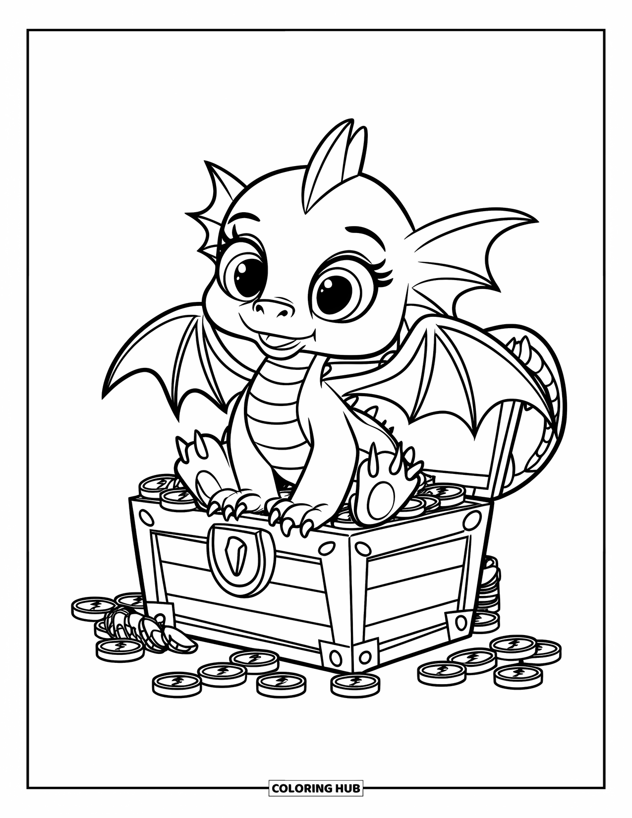 Disegno di un cucciolo di drago da colorare per bambini: Un cucciolo di drago incoronato si rilassa su uno scrigno pieno d'oro con monete intorno