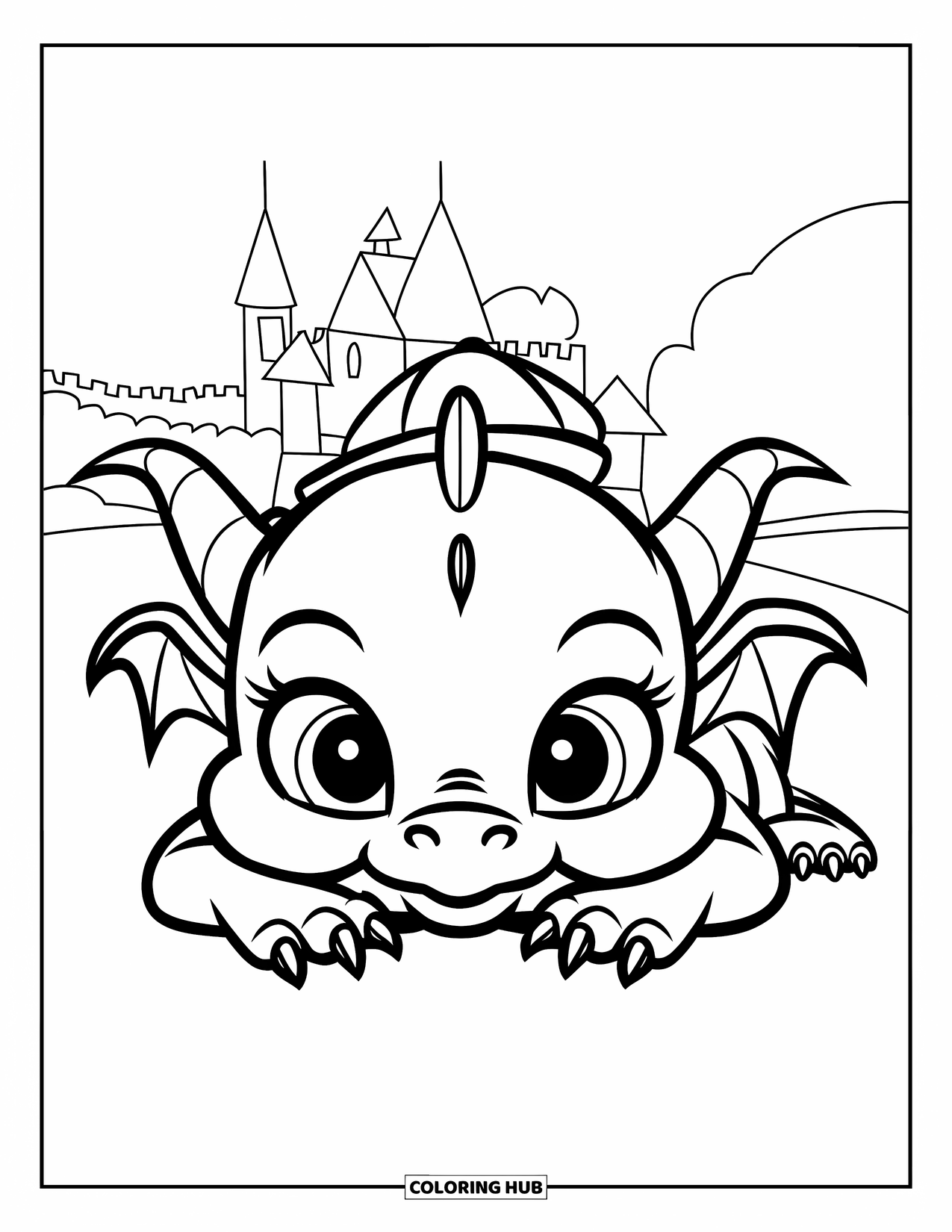 Disegno di un cucciolo di drago da colorare per bambini: Un simpatico drago con un cappello si sdraia vicino a un grande castello