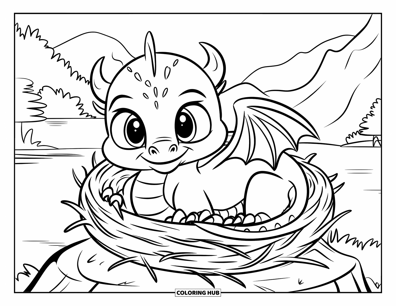 Disegno di un cucciolo di drago da colorare per bambini: Un drago si rannicchia in un nido vicino al lago, con le montagne che guardano in lontananza