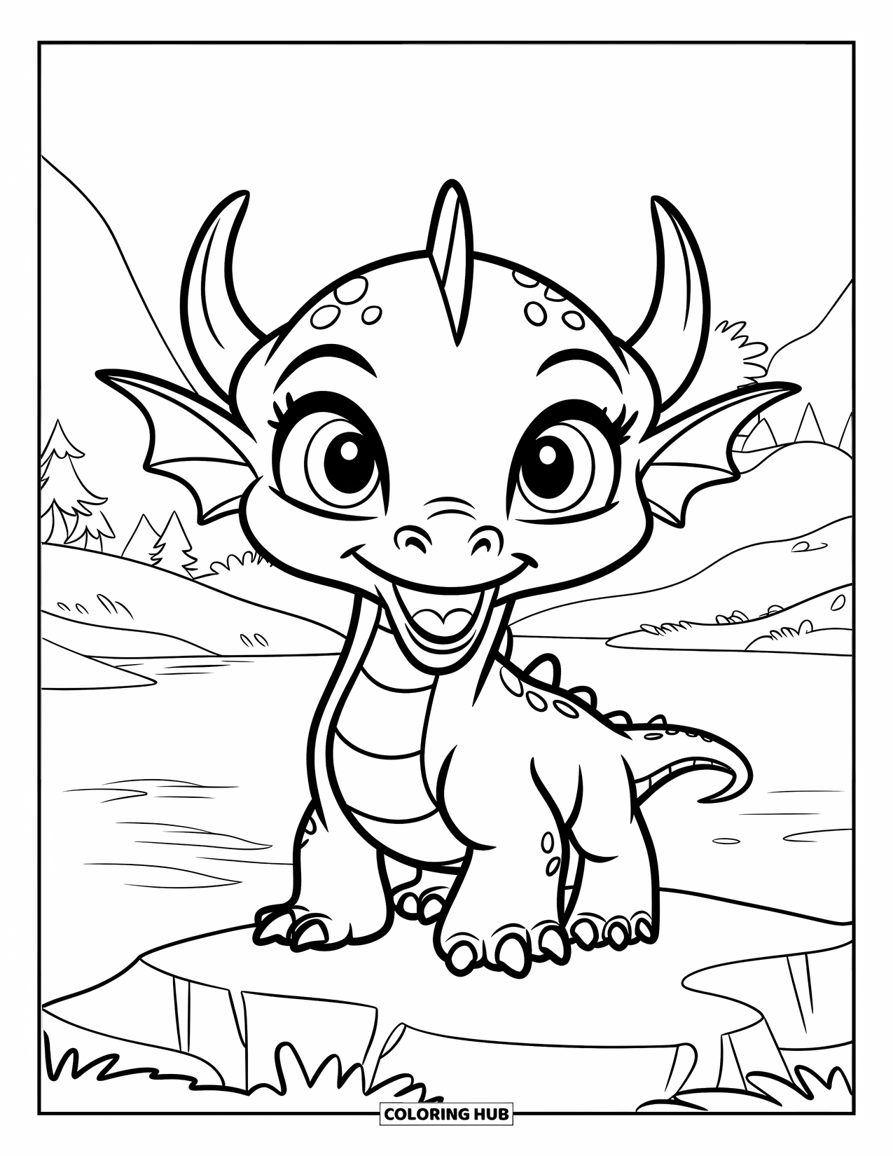 Disegno di un cucciolo di drago da colorare per bambini: Un drago sta in piedi su una roccia, emettendo un piccolo ruggito