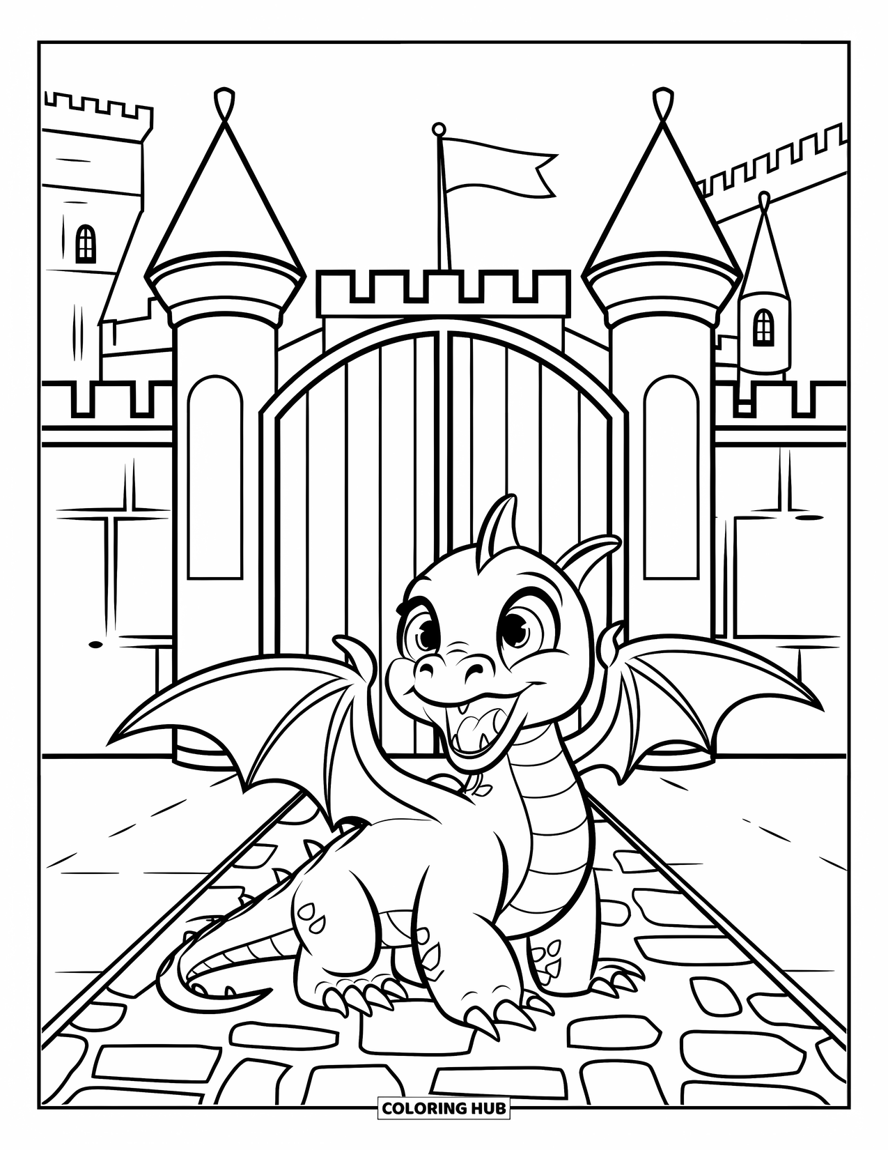 Disegno di un cucciolo di drago da colorare per bambini: Un cucciolo di drago eccitato ruggisce al cancello del castello su un sentiero di ciottoli