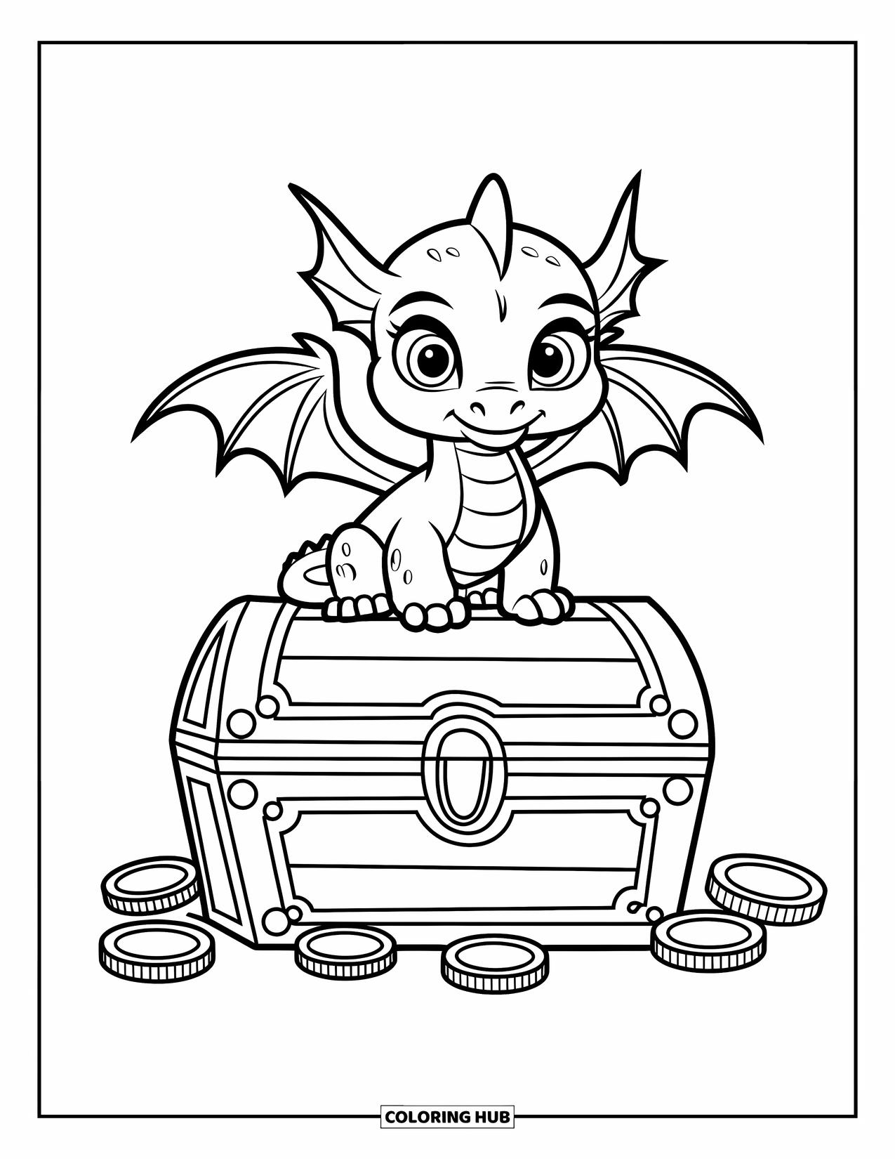 Disegno di un cucciolo di drago da colorare per bambini: Un drago felice custodisce il suo scrigno del tesoro pieno di monete lucenti