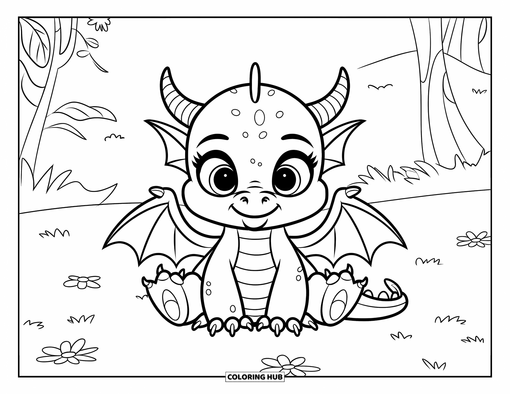 Disegno di un cucciolo di drago da colorare per bambini: Un drago felice si rilassa tra alberi e fiori con le braccia appoggiate sulle ginocchia