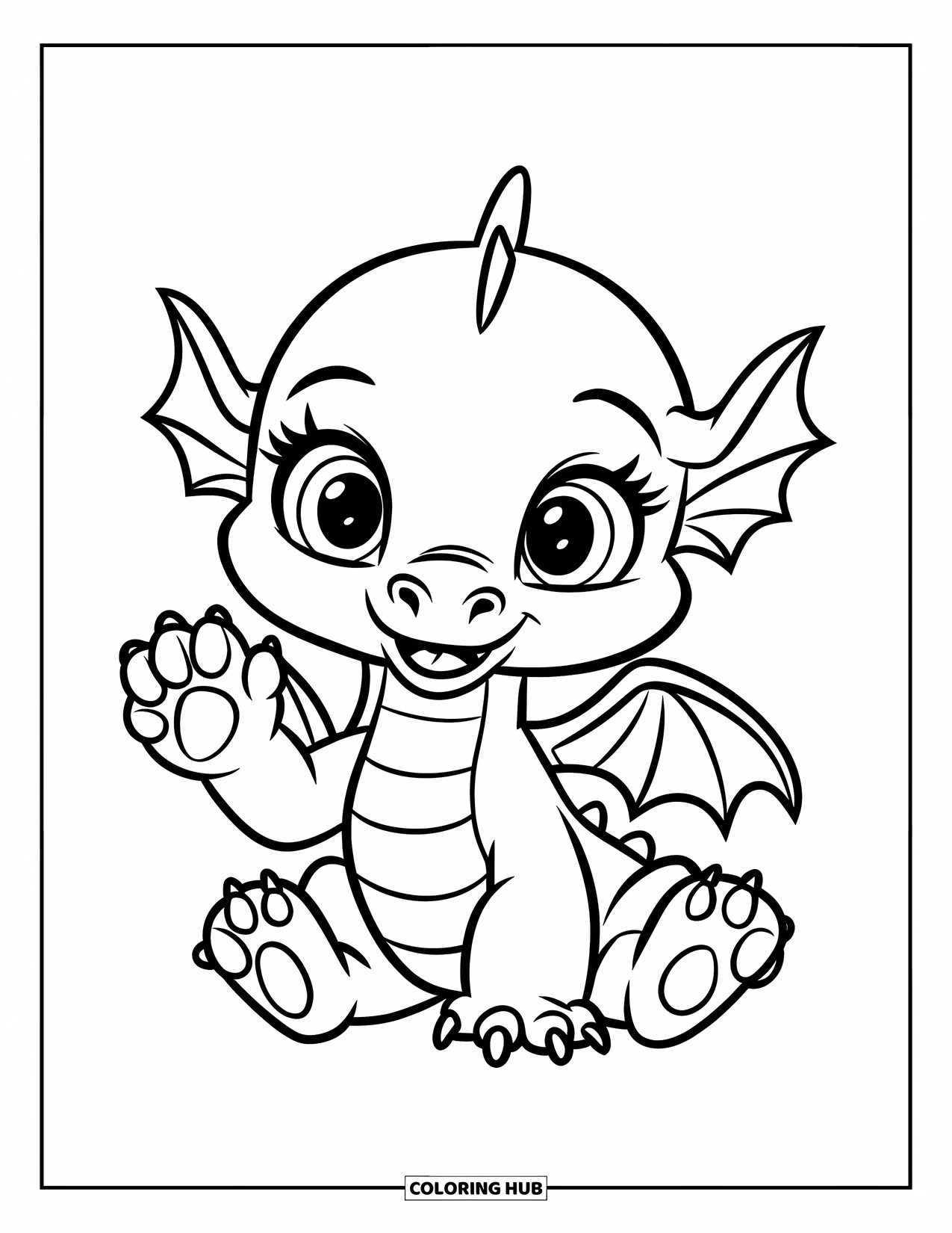 Disegno di un cucciolo di drago da colorare per bambini: Un drago felice saluta con la mano mentre siede con grandi occhi e piccole ali