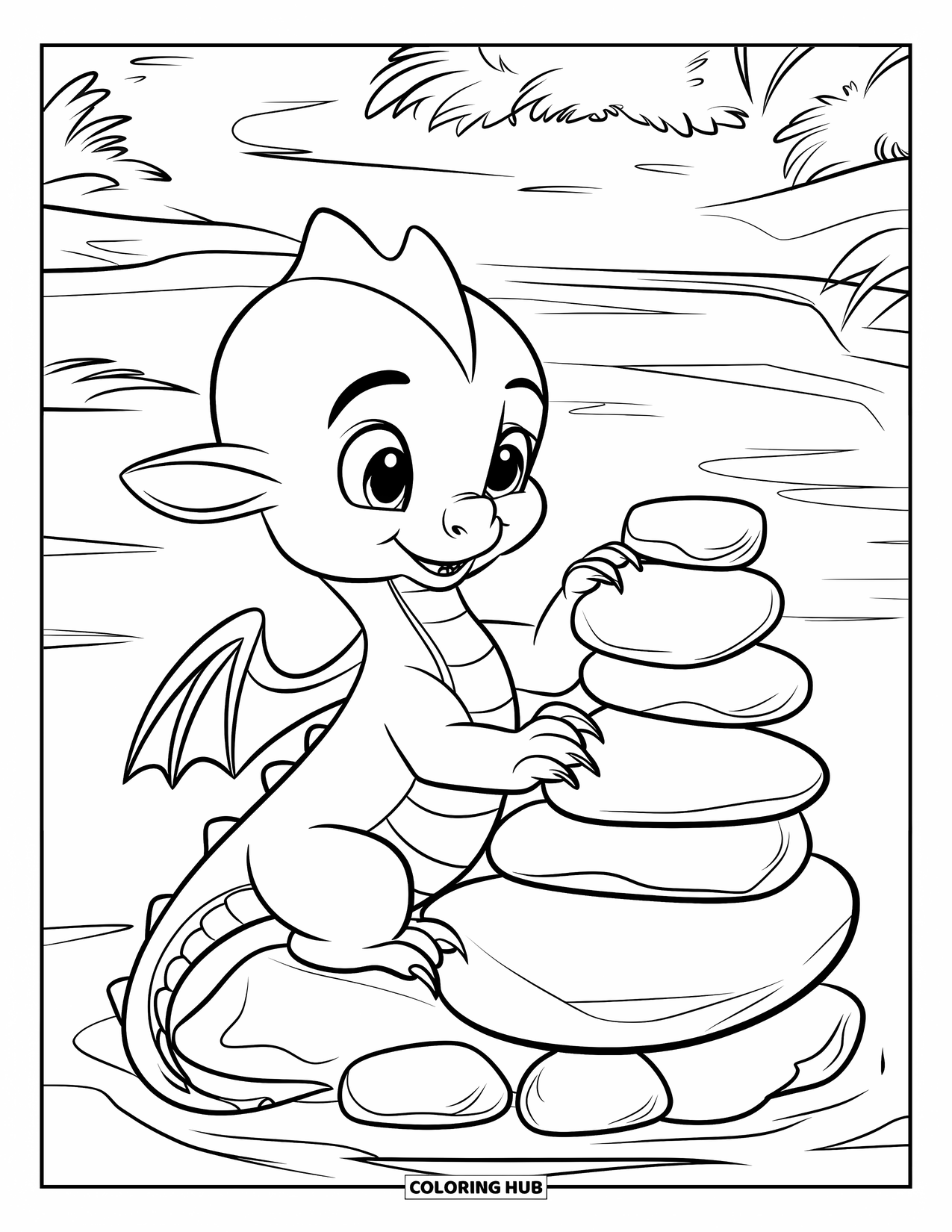 Disegno di un cucciolo di drago da colorare per bambini: Un piccolo drago costruisce una torre di roccia vicino a una riva tranquilla
