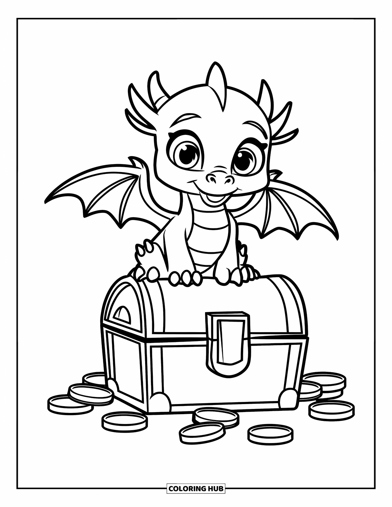 Disegno di un cucciolo di drago da colorare per bambini: Un piccolo drago siede su uno scrigno del tesoro con monete d'oro sparse intorno