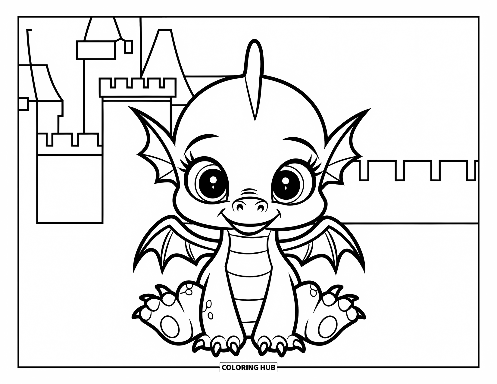 Disegno di un cucciolo di drago da colorare per bambini: Un piccolo drago siede con le braccia sulle ginocchia di fronte a un castello