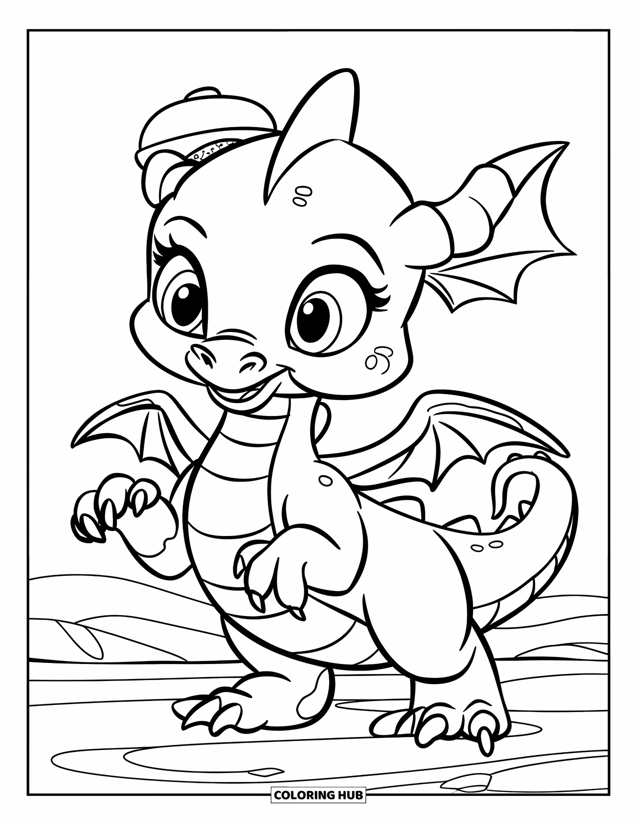 Disegno di un cucciolo di drago da colorare per bambini: Un piccolo drago sta in piedi con la coda arricciata e un piccolo cappello