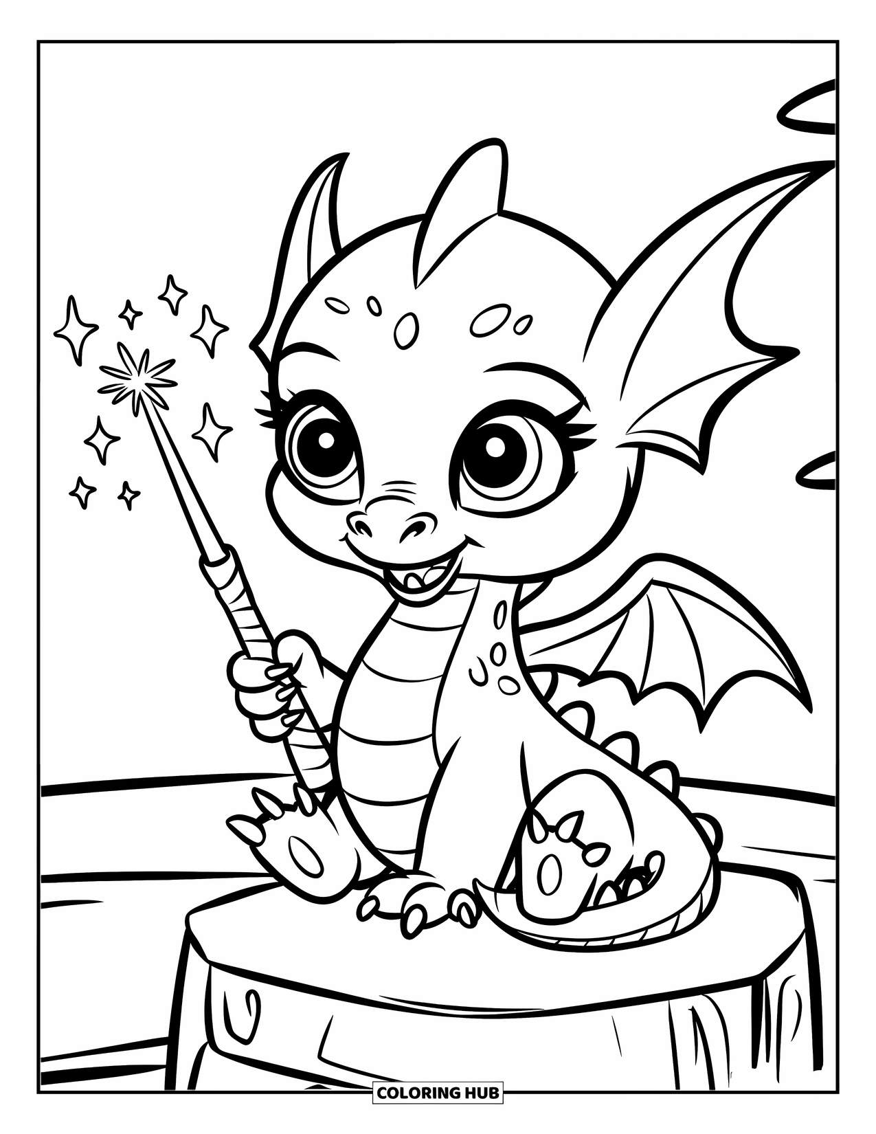 Disegno di un cucciolo di drago da colorare per bambini: Un piccolo drago agita una bacchetta magica mentre siede su una pietra
