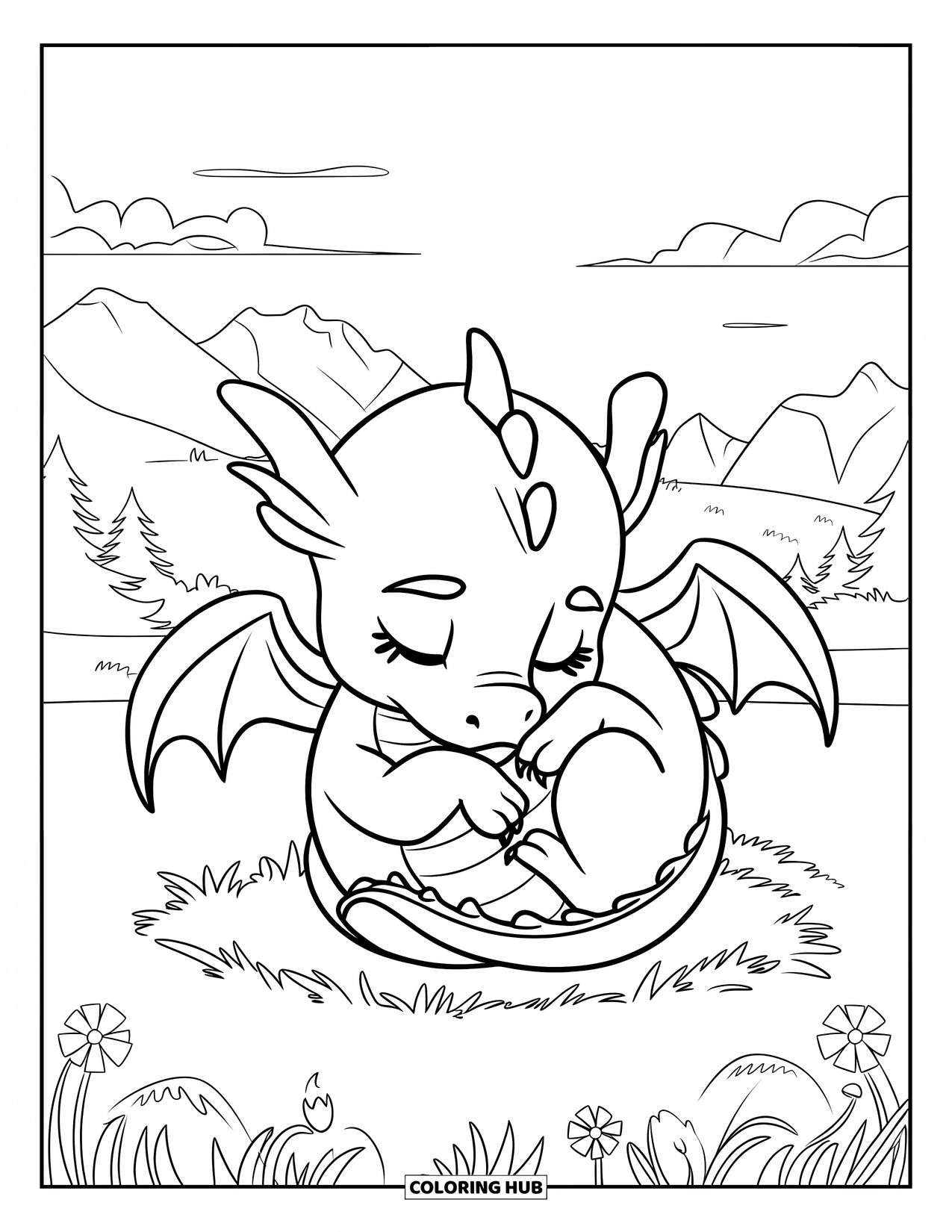 Disegno di un cucciolo di drago da colorare per bambini: Un drago pacifico dorme su un terreno erboso circondato da fiori e montagne