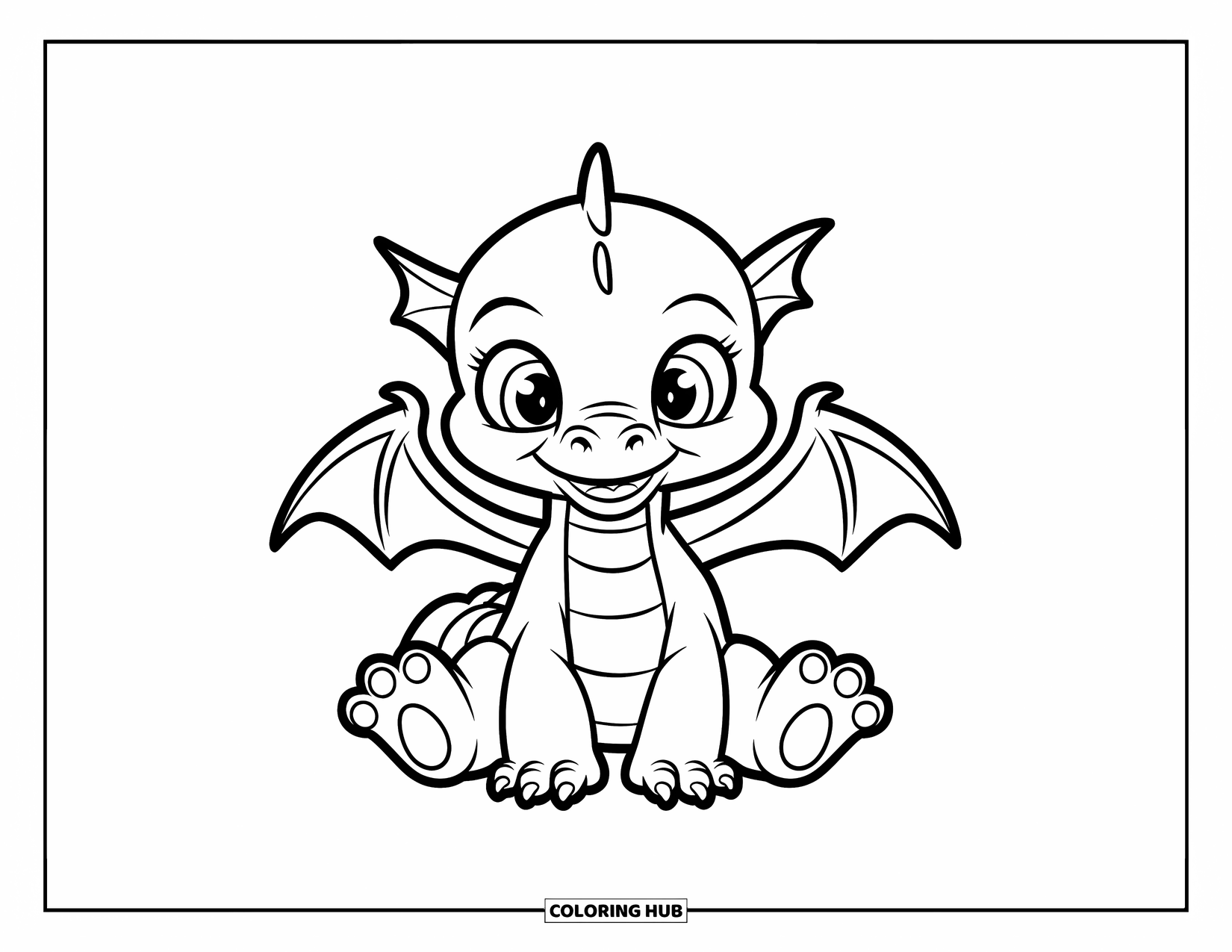 Disegno di un cucciolo di drago da colorare per bambini: Un drago giocoso siede allegramente con le braccia sulle ginocchia e un grande sorriso