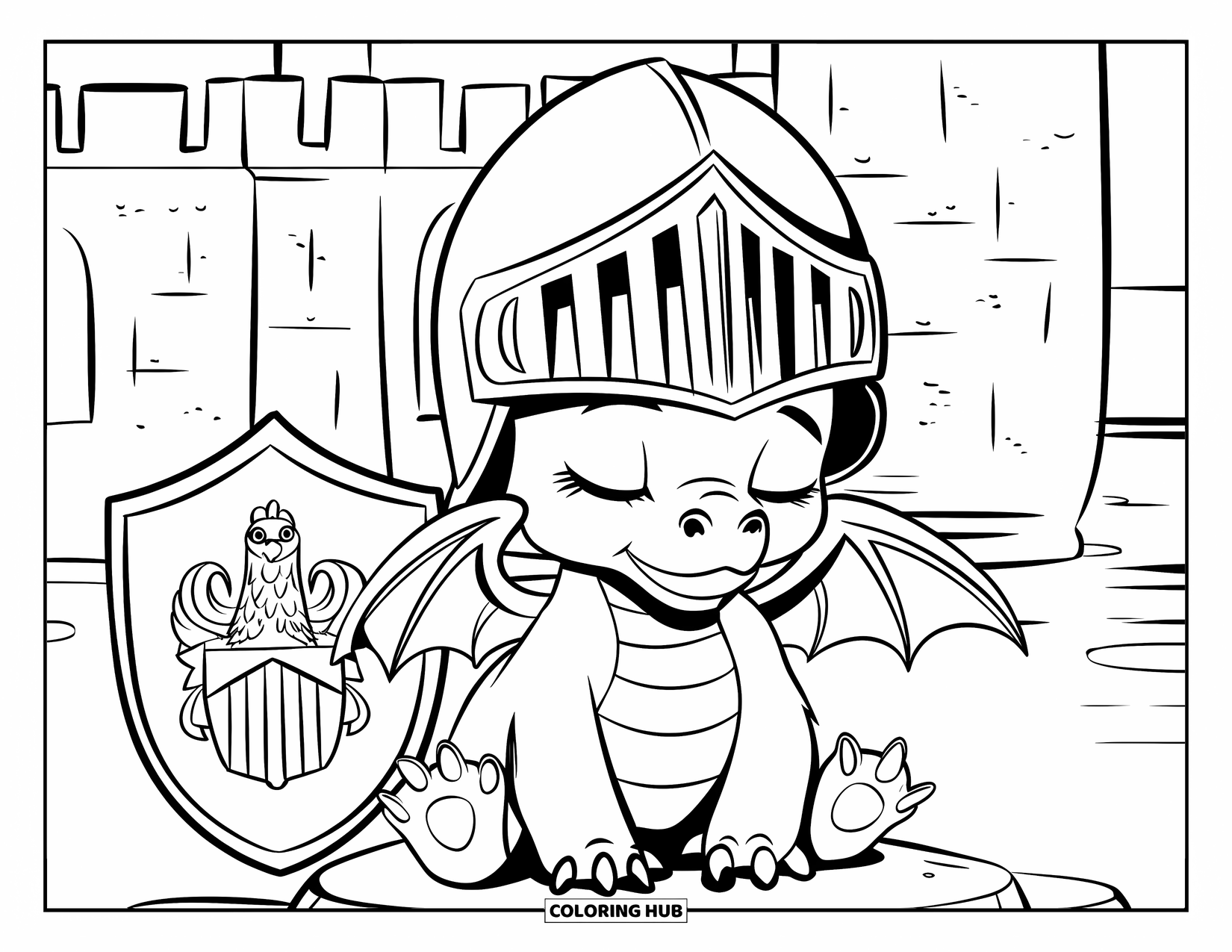 Disegno di un cucciolo di drago da colorare per bambini: Un cucciolo di drago assonnato riposa accanto a uno scudo vicino a un imponente castello