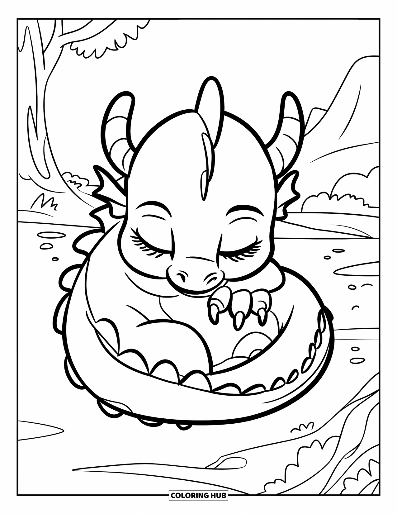 Disegno di un cucciolo di drago da colorare per bambini: Un drago assonnato si raggomitola tranquillamente vicino ad alberi e a una montagna