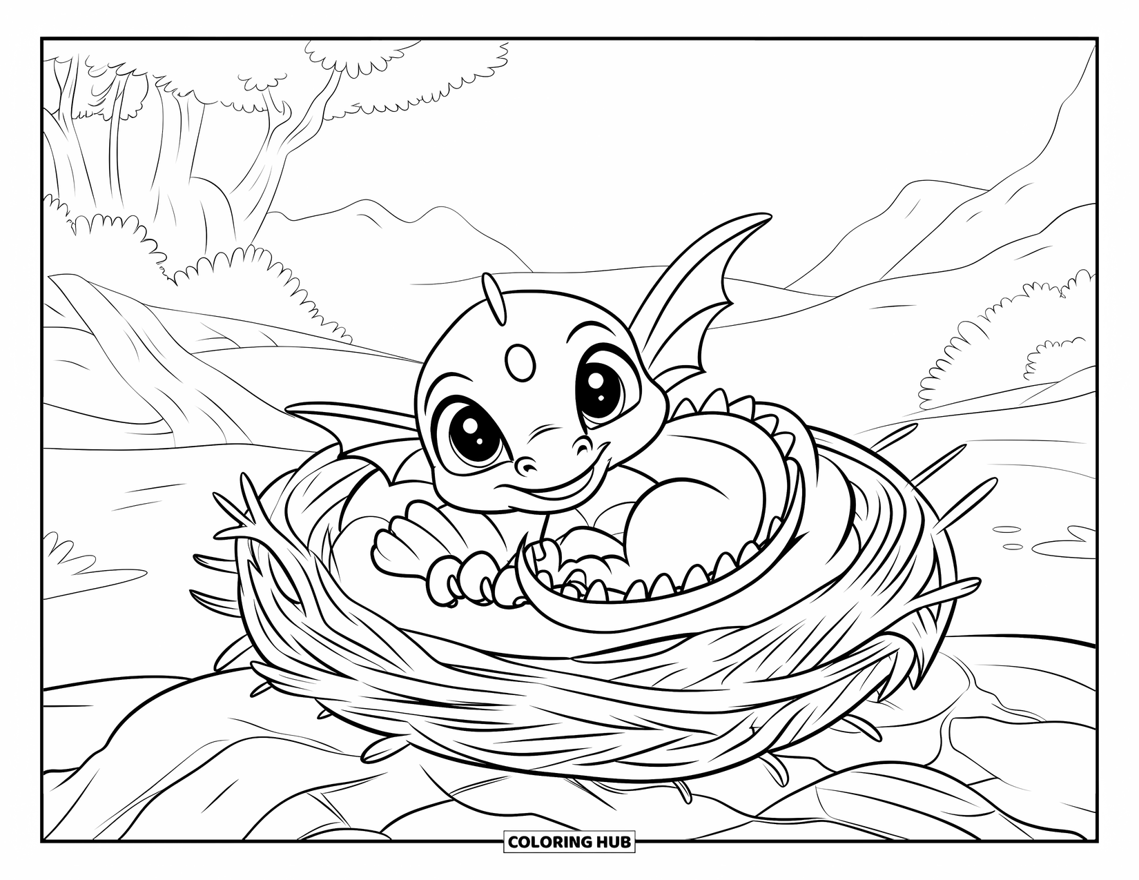 Disegno di un cucciolo di drago da colorare per bambini: Un drago assonnato riposa in un nido pieno di rami su un terreno roccioso