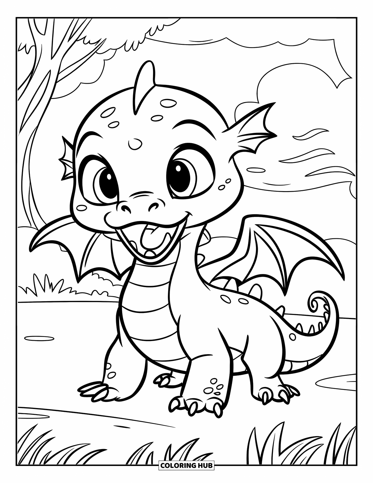 Disegno di un cucciolo di drago da colorare per bambini: Un piccolo drago sta sull'erba, ruggendo orgogliosamente con le ali aperte