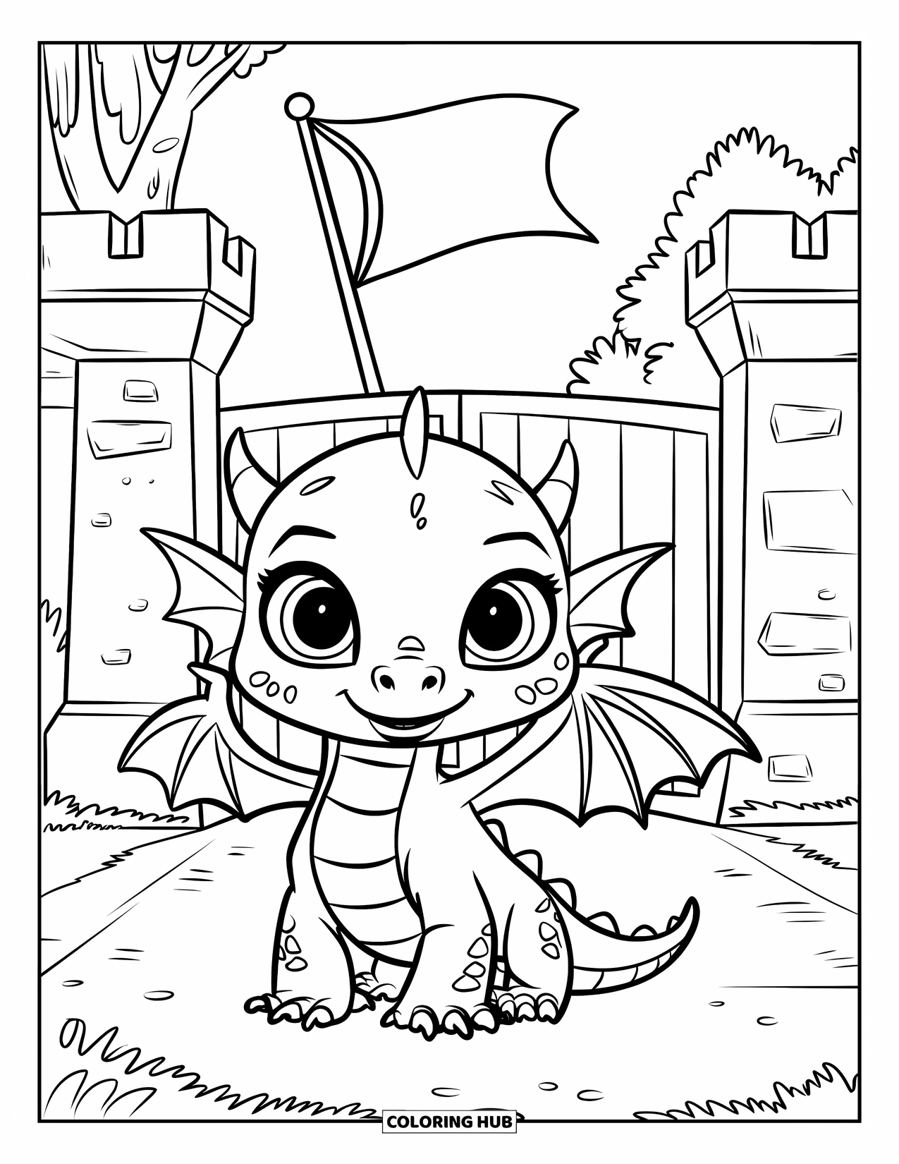 Disegno di un cucciolo di drago da colorare per bambini: Un drago sorridente con denti aguzzi si trova vicino a un cancello del castello sormontato da una bandiera