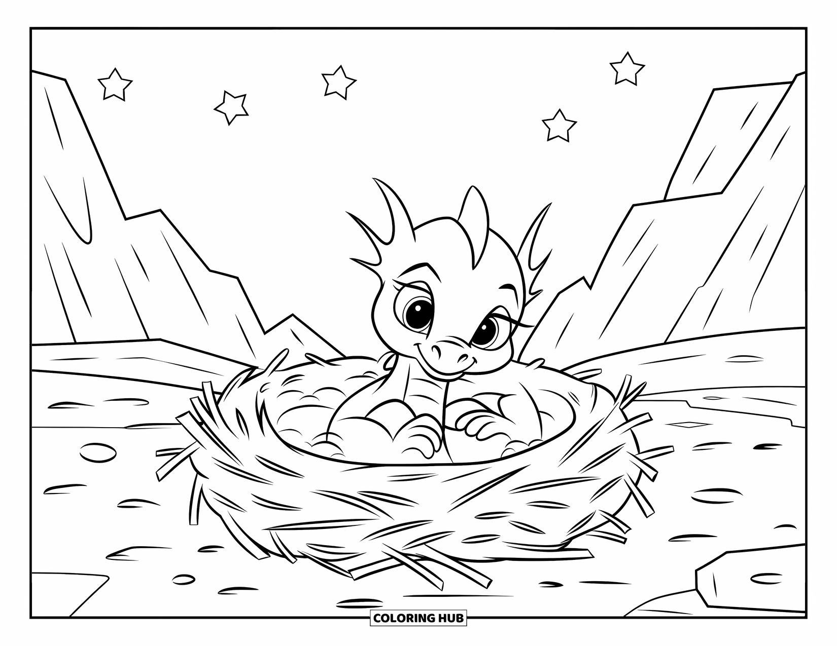 Disegno di un cucciolo di drago da colorare per bambini: Un drago coccoloso si raggomitola in un nido sotto le stelle e le montagne