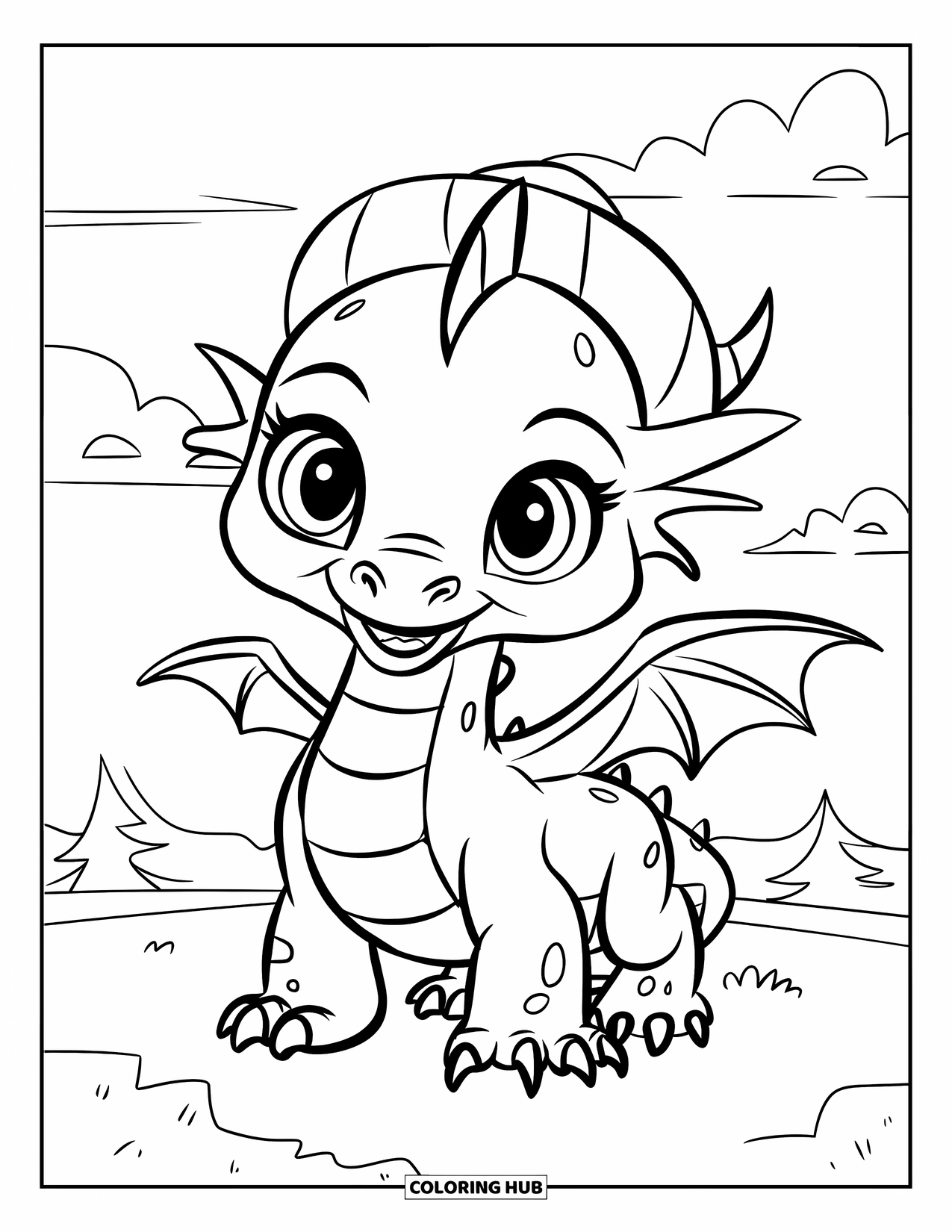 Disegno di un cucciolo di drago da colorare per bambini: Un dolce drago sta orgogliosamente con un cappello e alberi sullo sfondo