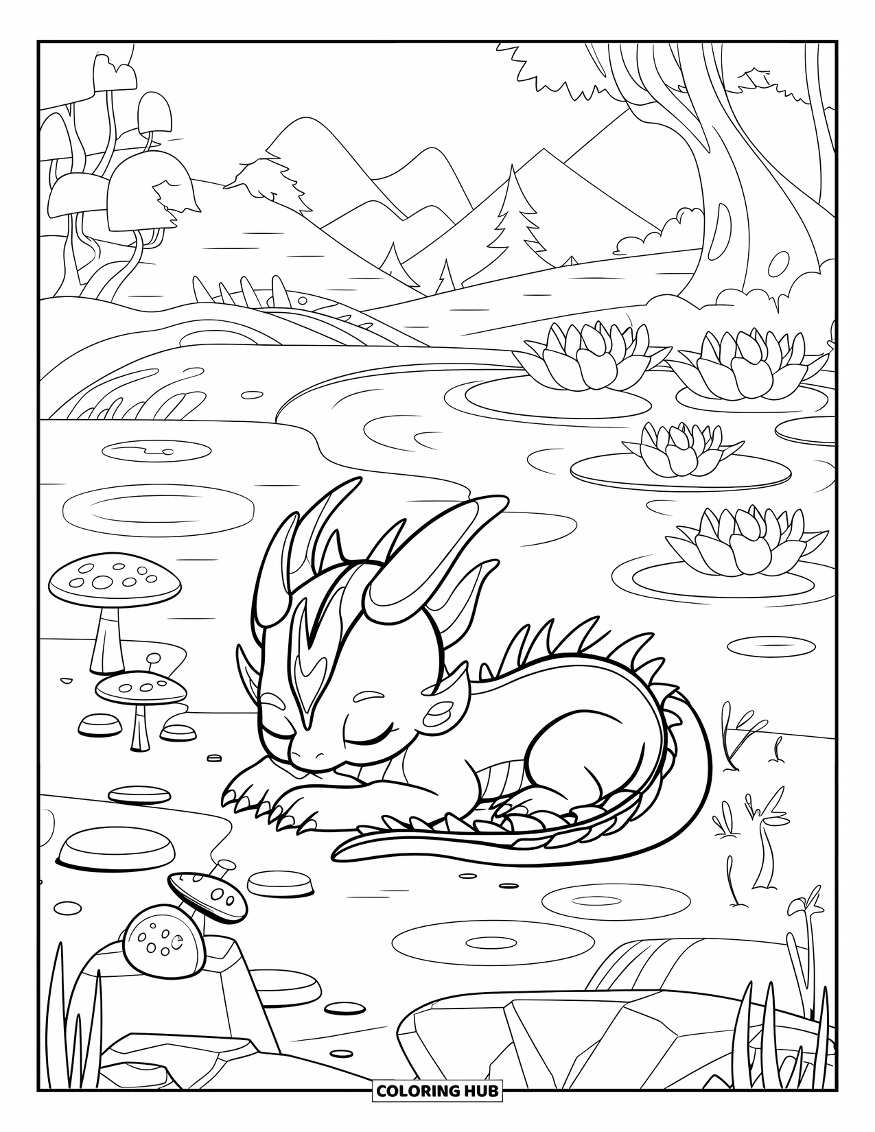 Disegno di un cucciolo di drago da colorare per bambini: Il cucciolo di drago riposa vicino a fiori di loto e a un ponte in una foresta tranquilla