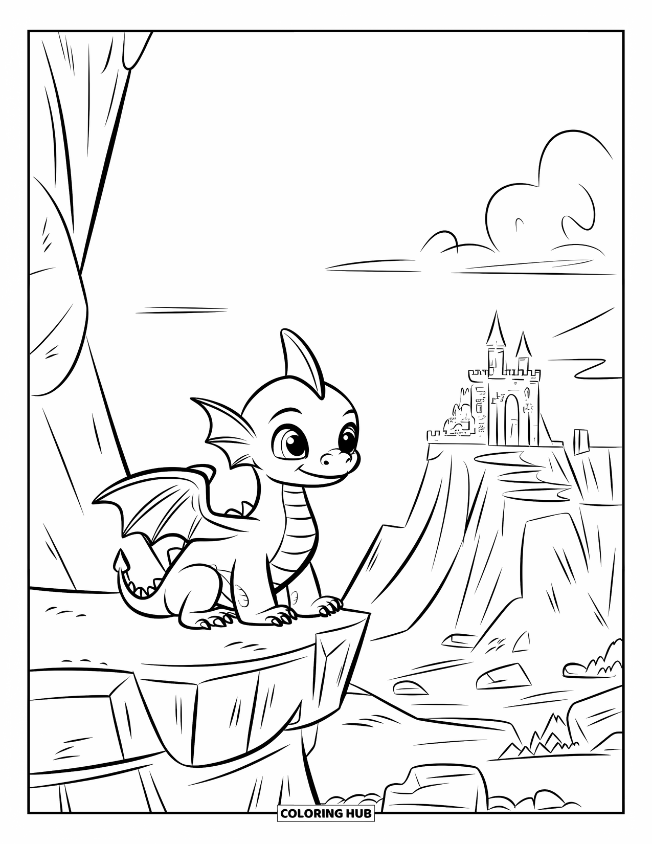 Disegno di un cucciolo di drago da colorare per bambini: Il cucciolo di drago riposa su una sporgenza rocciosa con vista sulle torri del castello