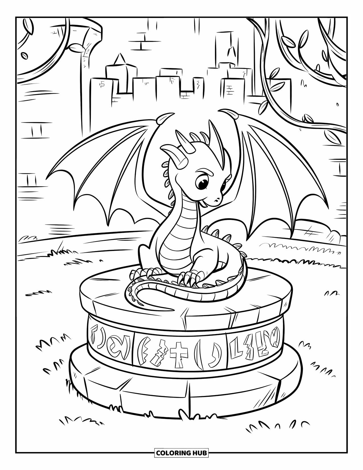 Disegno di un cucciolo di drago da colorare per bambini: Il cucciolo di drago riposa pacificamente su un piedistallo segnato da rune vicino a un castello