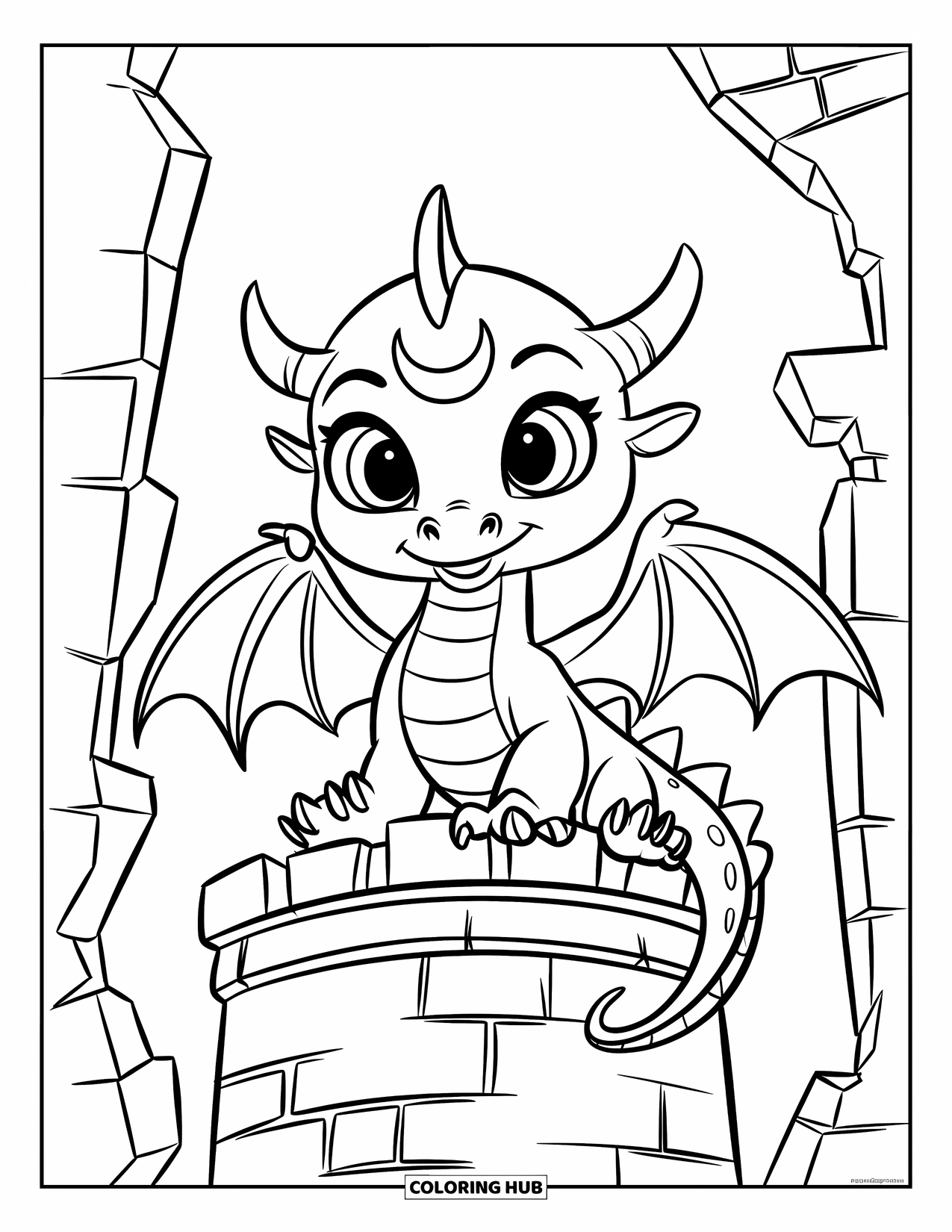 Disegno di un cucciolo di drago da colorare per bambini: Il cucciolo di drago siede orgogliosamente in cima a una torre antica fatiscente
