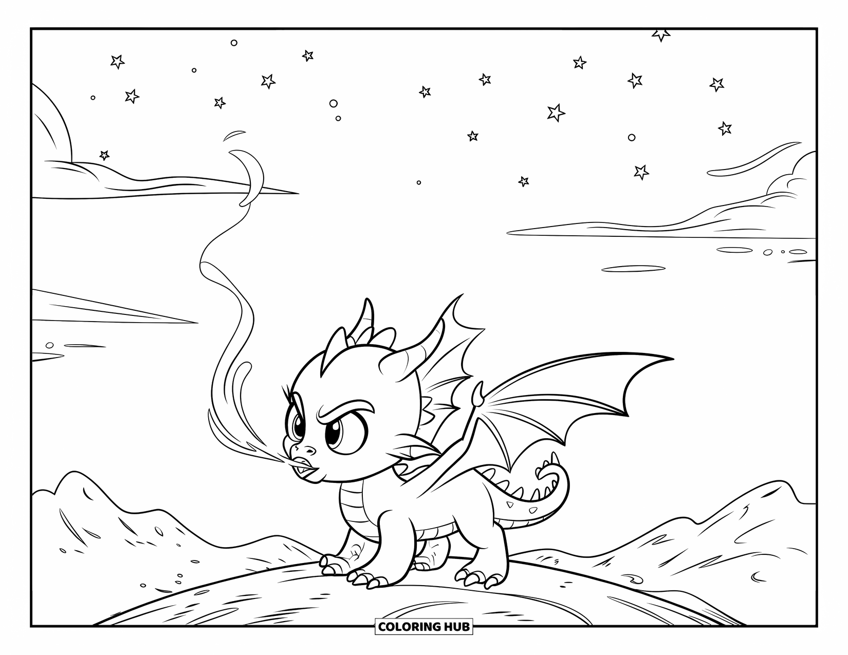 Disegno di un cucciolo di drago da colorare per bambini: Il cucciolo di drago cerca di soffiare una fiamma su una collina rocciosa sotto un cielo stellato