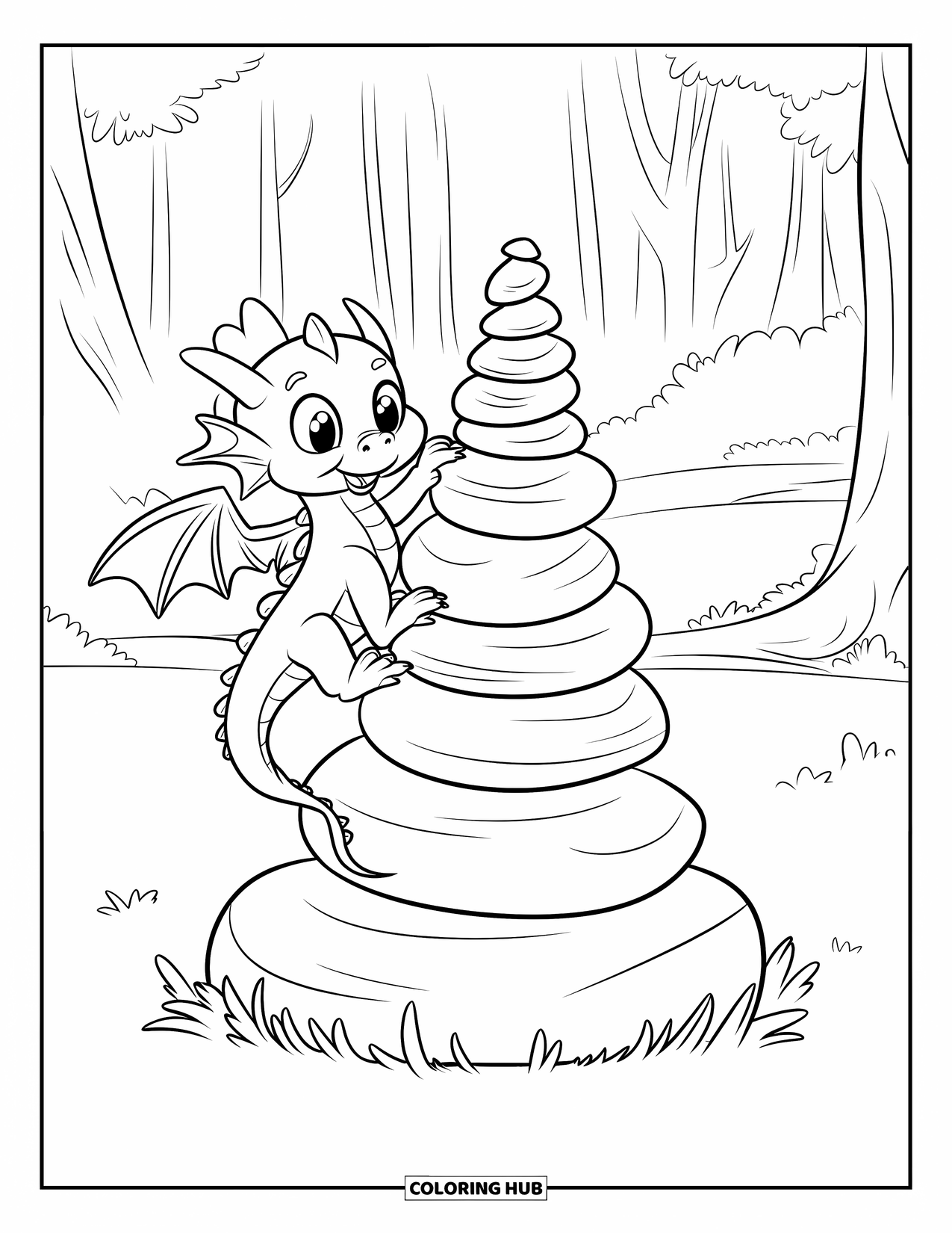 Disegno di un cucciolo di drago da colorare per bambini: Il drago si arrampica su pile di pietre, circondato da alberi alti e cieli aperti