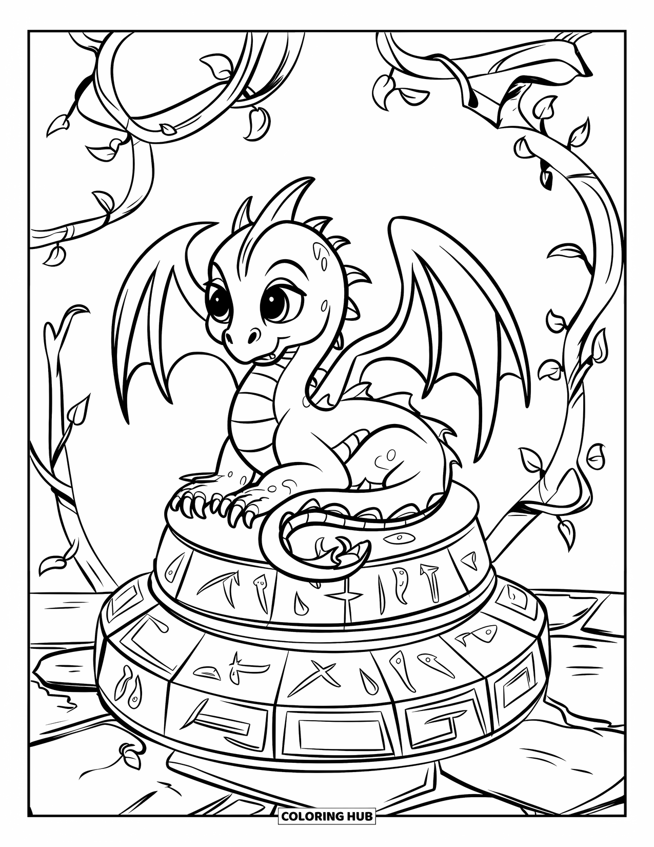 Disegno di un cucciolo di drago da colorare per bambini: Il drago si avvolge su un piedistallo di pietra ricoperto di rune magiche luminose