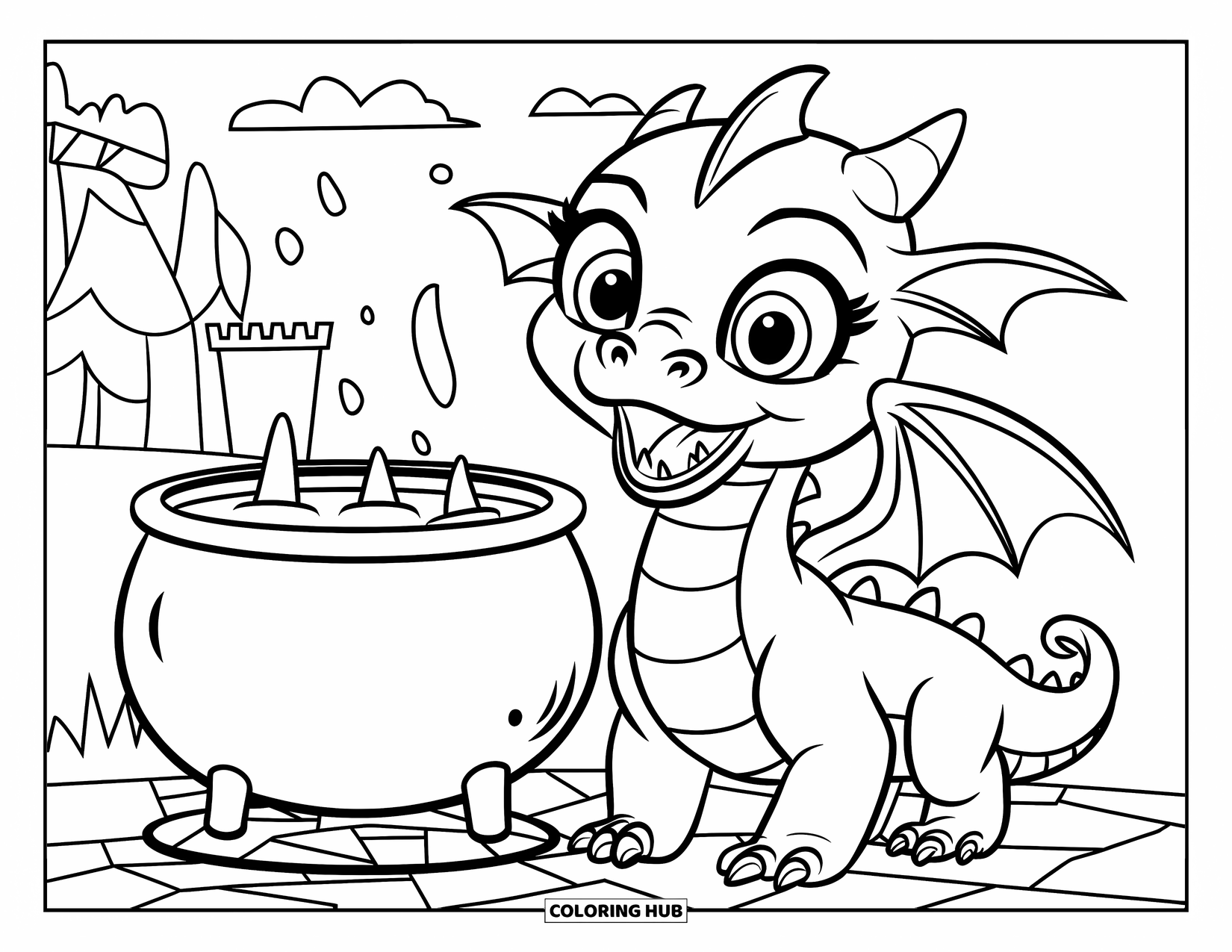 Disegno di un cucciolo di drago da colorare per bambini: Il drago ridacchia vicino a un calderone bollente in una radura magica della foresta