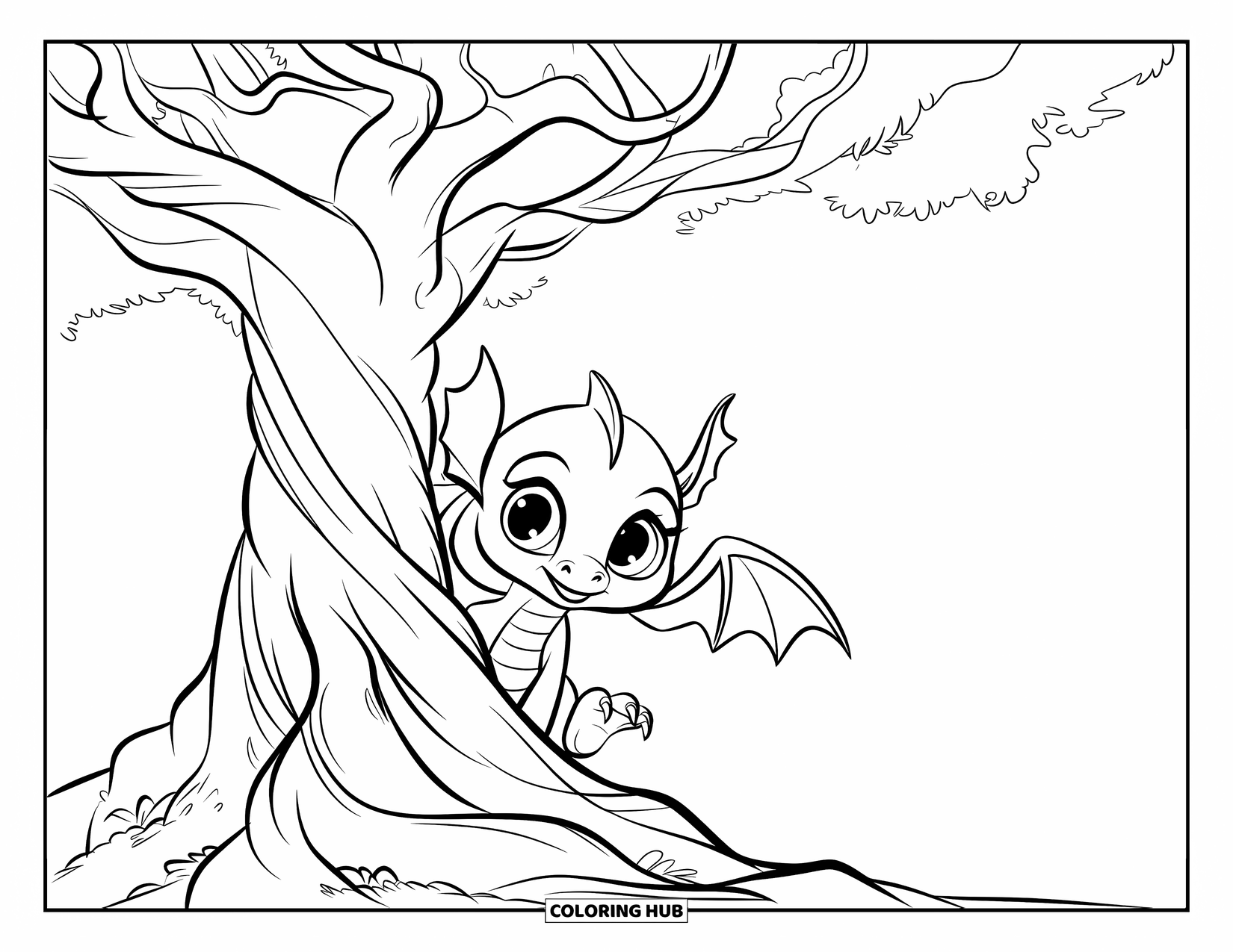 Disegno di un cucciolo di drago da colorare per bambini: Il drago si nasconde dietro un albero luminoso in una tranquilla foresta incantata