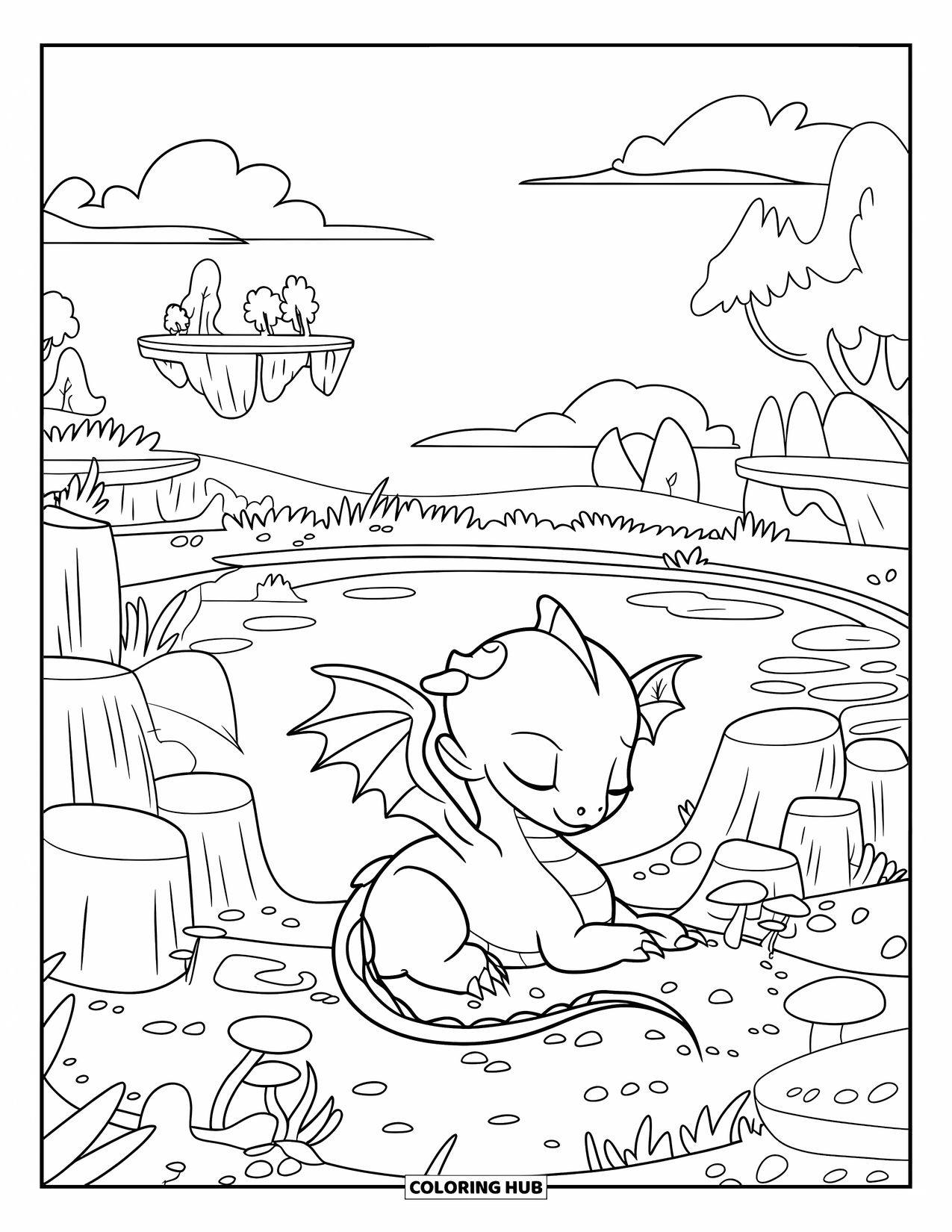 Disegno di un cucciolo di drago da colorare per bambini: Il drago sonnecchia vicino a uno stagno luminoso sotto alberi e nuvole fluttuanti