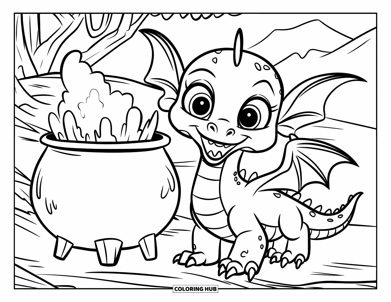 Disegno di un cucciolo di drago da colorare per bambini: Il drago sorride ampiamente vicino a un calderone che bolle in una foresta rocciosa