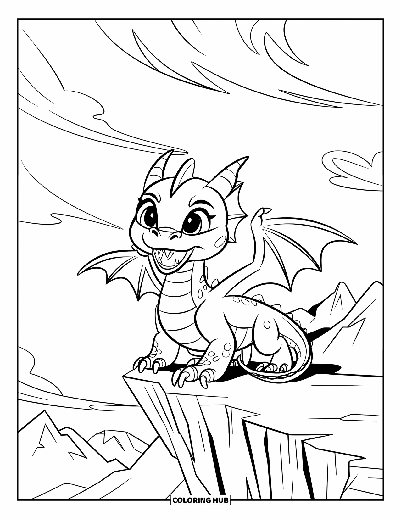 Disegno di un cucciolo di drago da colorare per bambini: Il drago spiega le ali in cima a una scogliera spettacolare con nuvole turbinanti