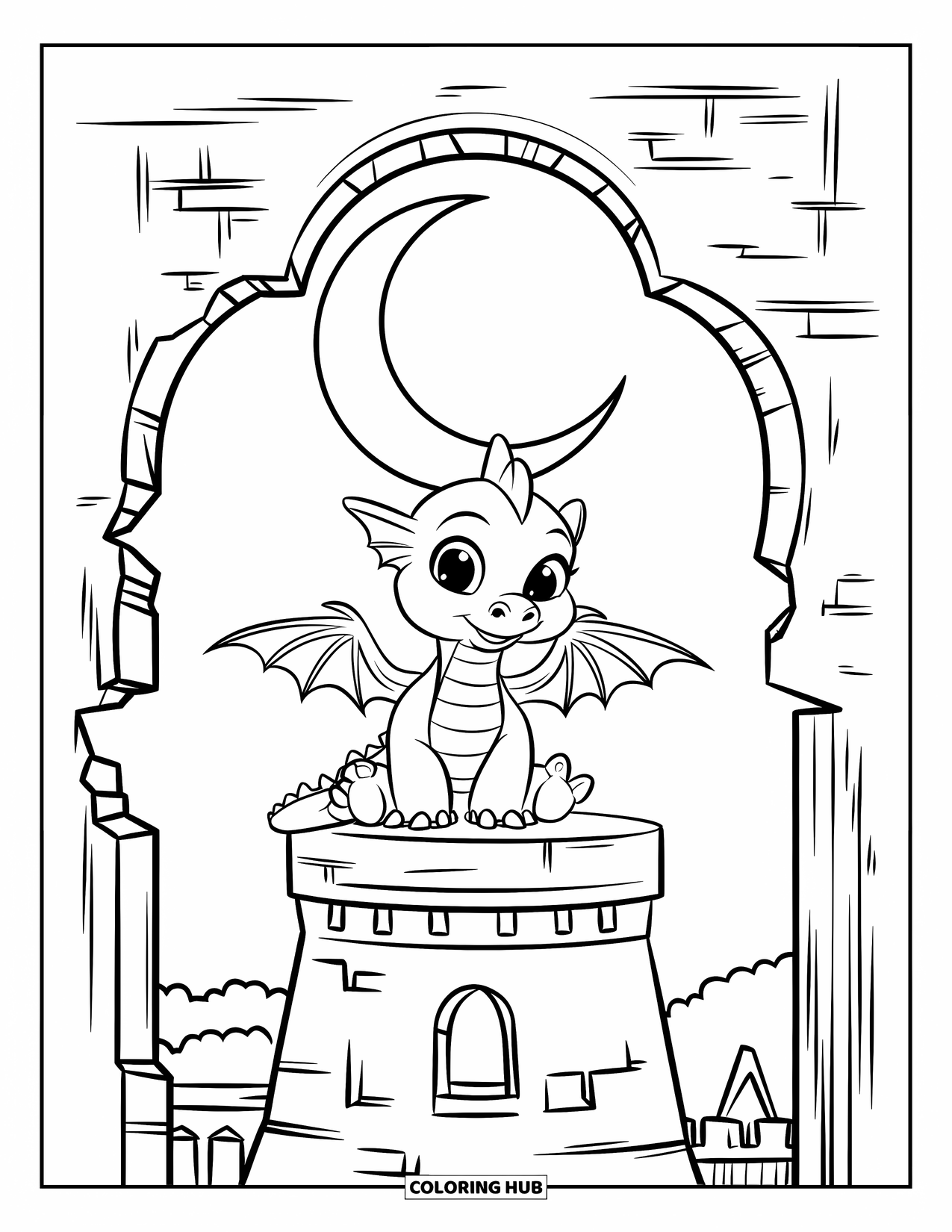 Disegno di un cucciolo di drago da colorare per bambini: Il drago guarda il cielo da una torre rotta in un tranquillo villaggio