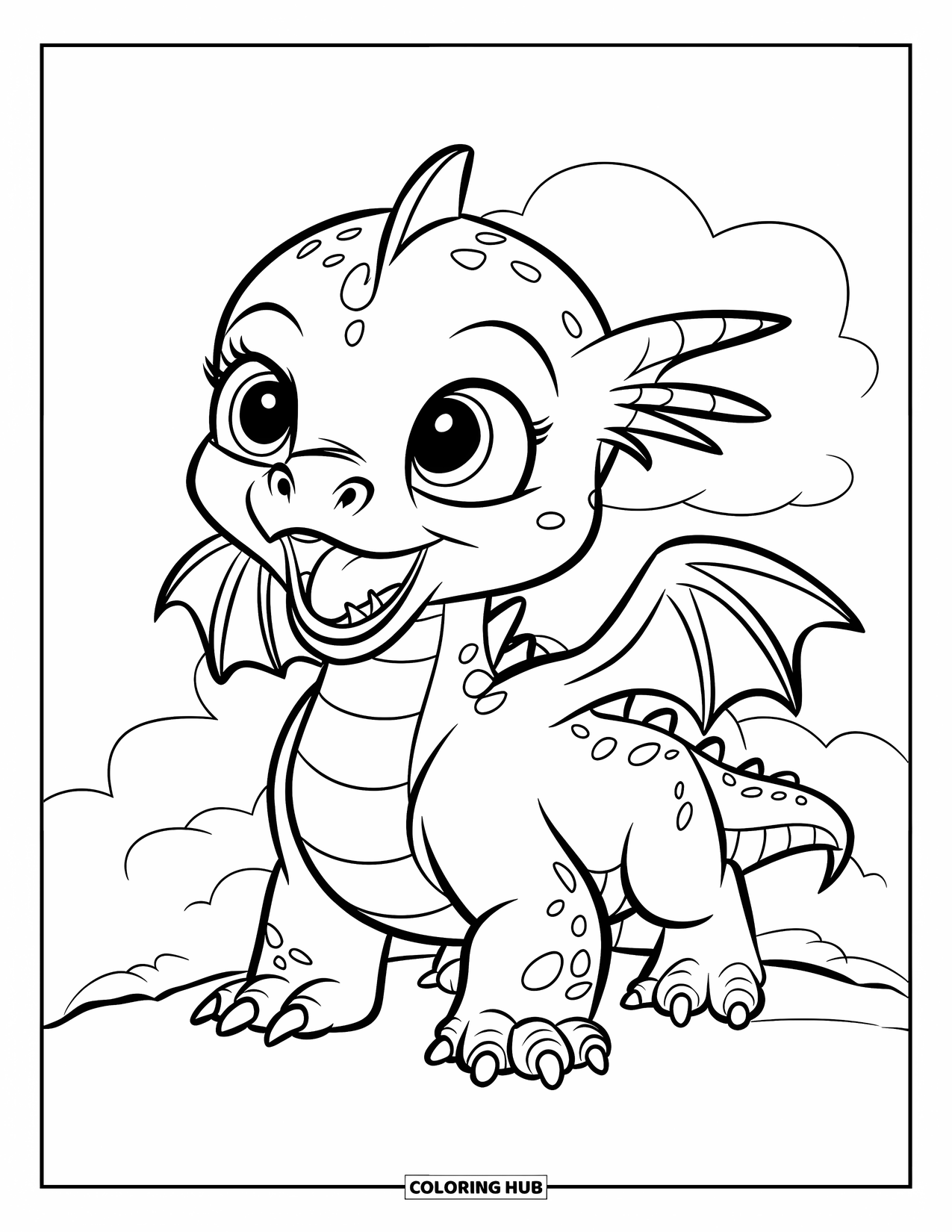 Disegno di un cucciolo di drago da colorare per bambini: Un minuscolo drago emette un ruggito coraggioso mentre si trova su una roccia