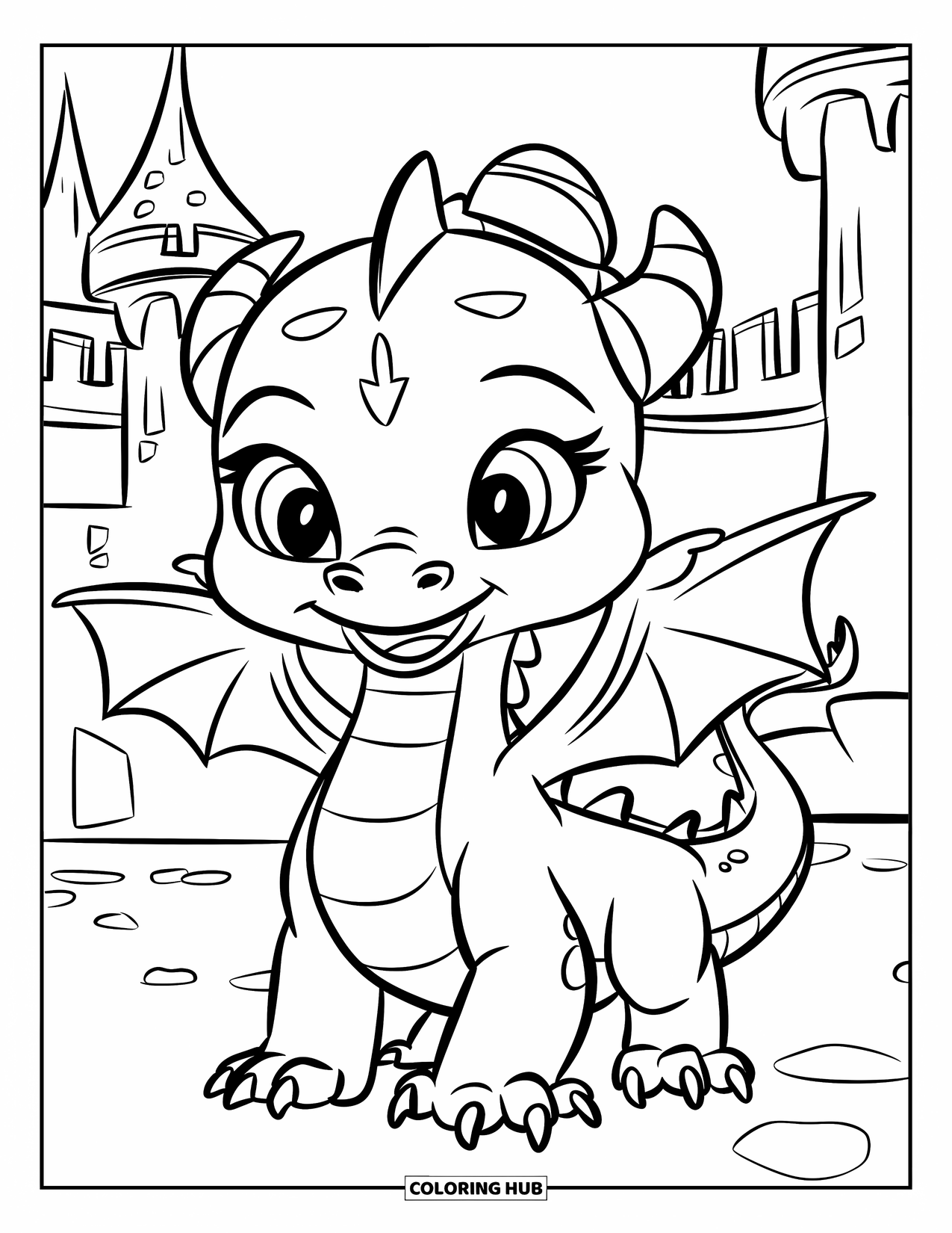 Disegno di un cucciolo di drago da colorare per bambini: Un minuscolo drago si trova vicino a un castello, con la coda avvolta ordinatamente intorno ai suoi piedi