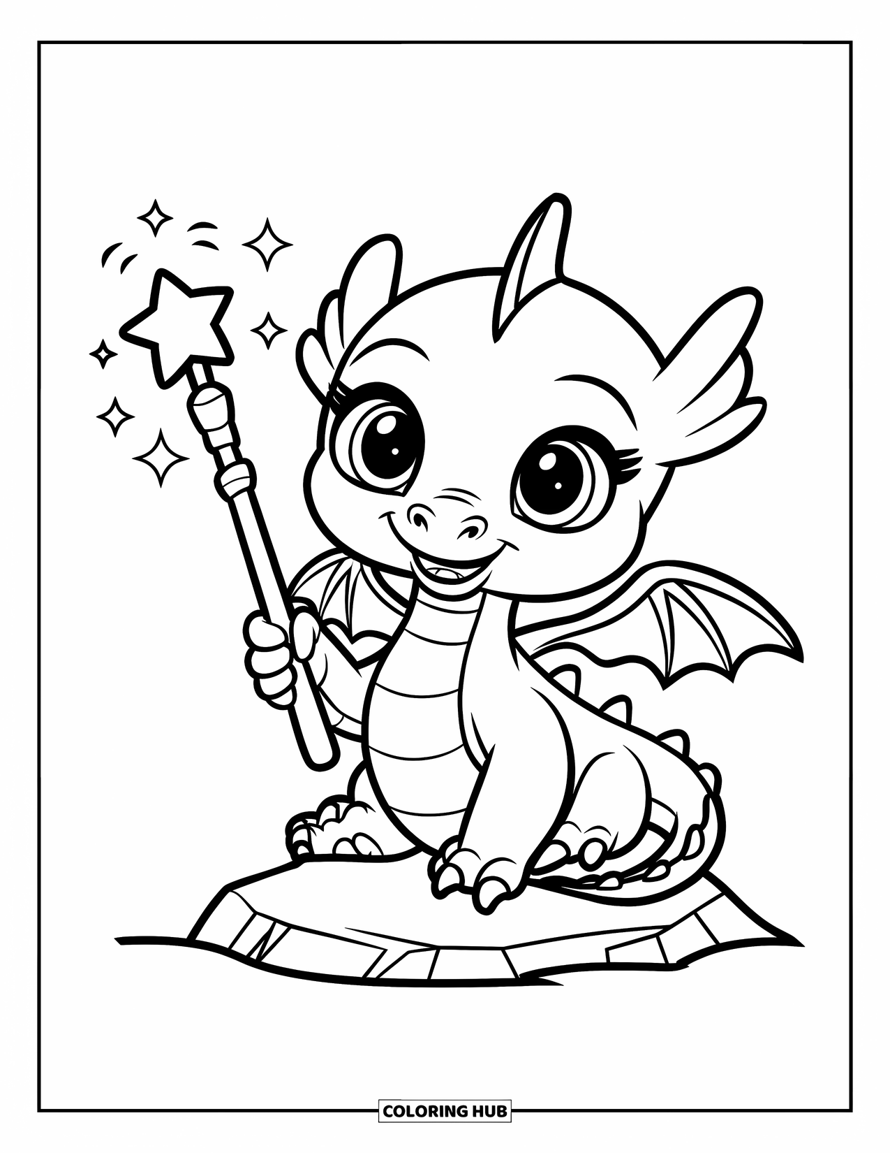 Disegno di un cucciolo di drago da colorare per bambini: Un minuscolo drago con una bacchetta a forma di stella siede felicemente mentre dei brillantini fluttuano intorno