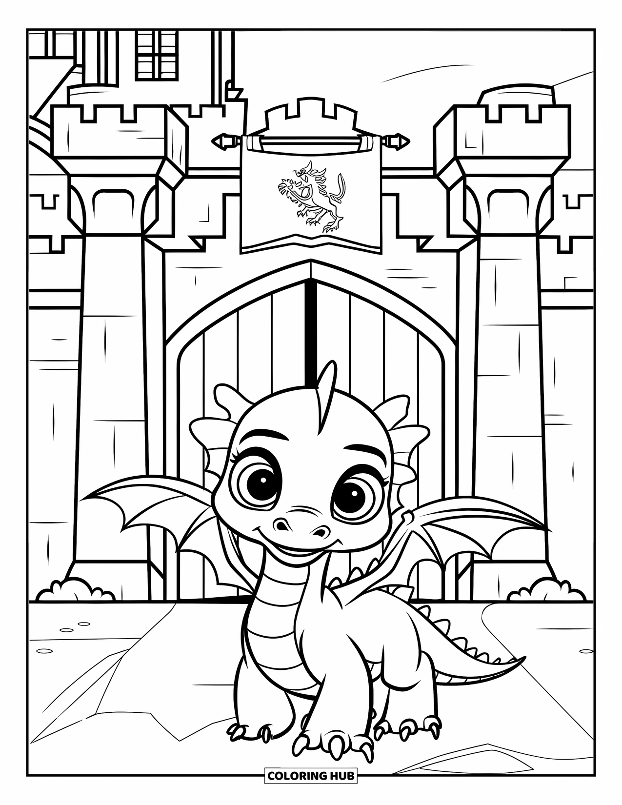 Disegno di un cucciolo di drago da colorare per bambini: Un drago con gli occhi spalancati si trova su una roccia vicino a un grande cancello del castello