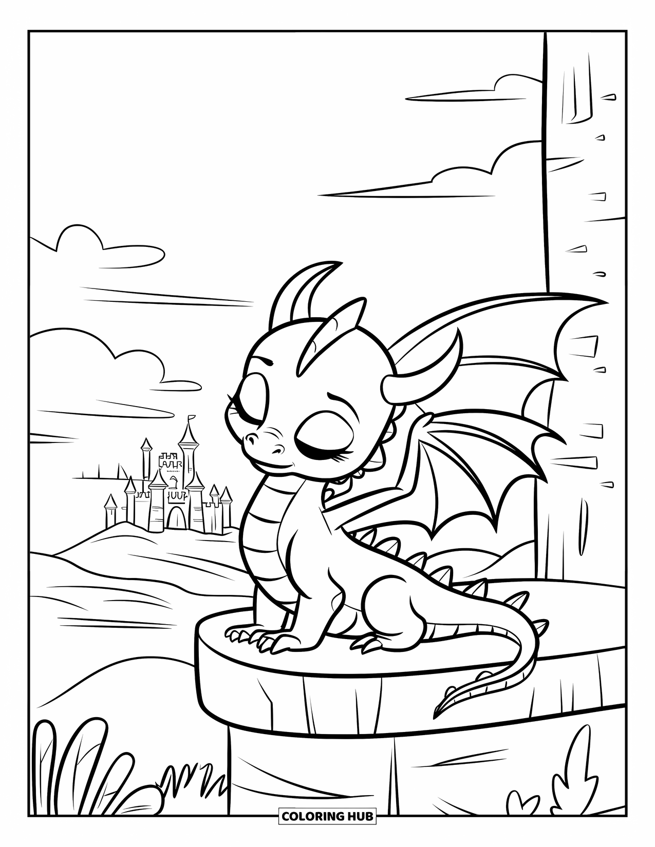 Disegno di un cucciolo di drago da colorare per bambini: Con le ali spiegate, il drago guarda verso un castello in lontananza