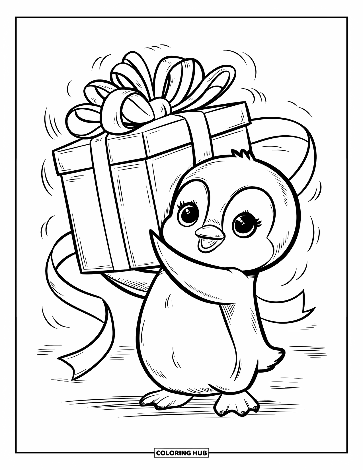 Kolorowanka dla dorosłych: Mały pingwinek balansuje z gigantycznym prezentem, stojąc na śnieżnym podłożu z radosnym wyrazem twarzy
