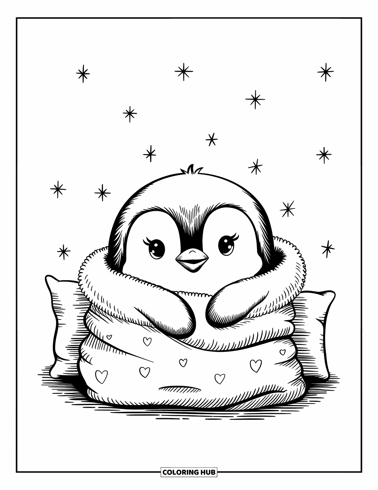 Kolorowanka dla dorosłych: Mały pingwinek otulony miękkim kocem, odpoczywa pod rozgwieżdżonym niebem