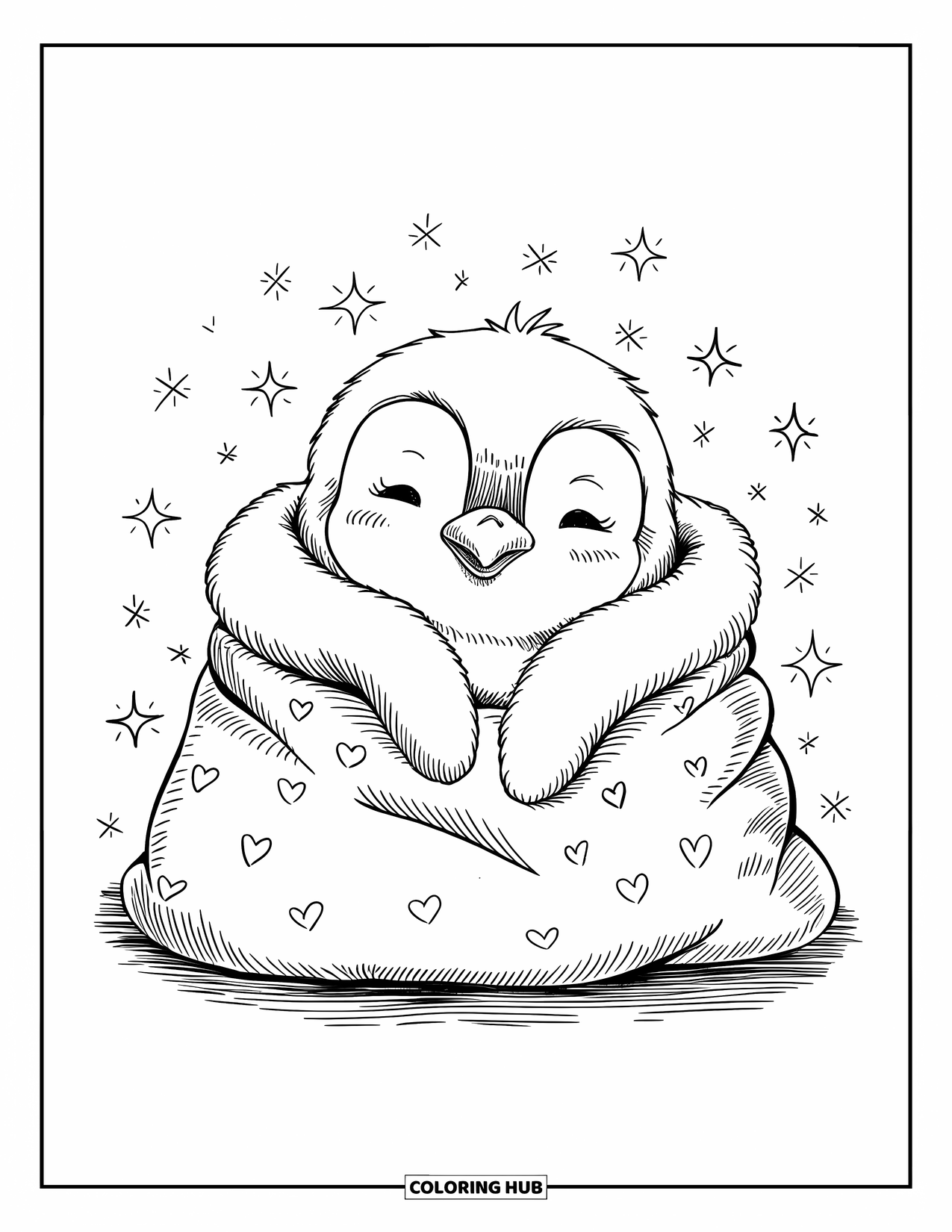 Kolorowanka dla dorosłych: Mały pingwinek przytulnie owinięty kocem, z którego wystaje tylko okrągła głowa i płetwy