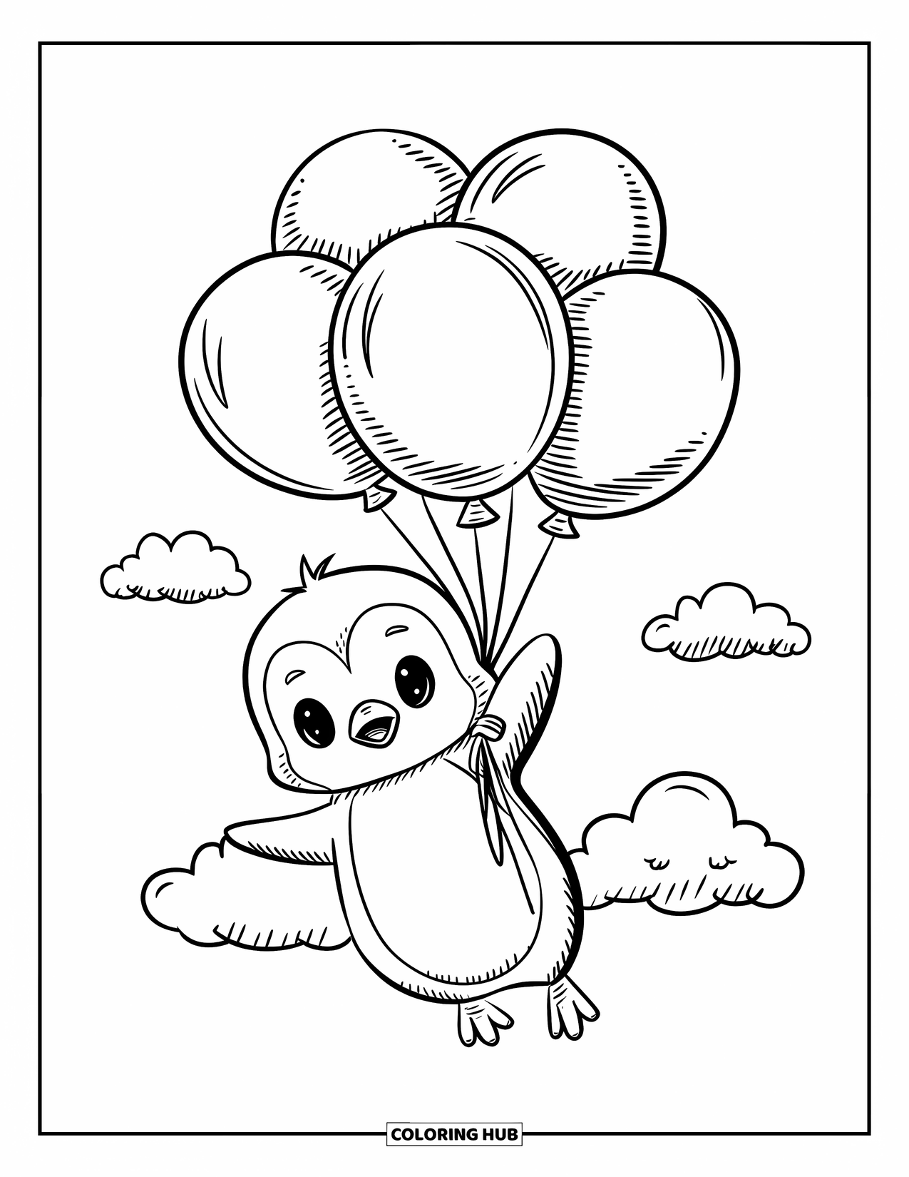 Kolorowanka dla dorosłych: Mały pingwinek dryfuje z balonami, otoczony miękkimi chmurami na spokojnym niebie