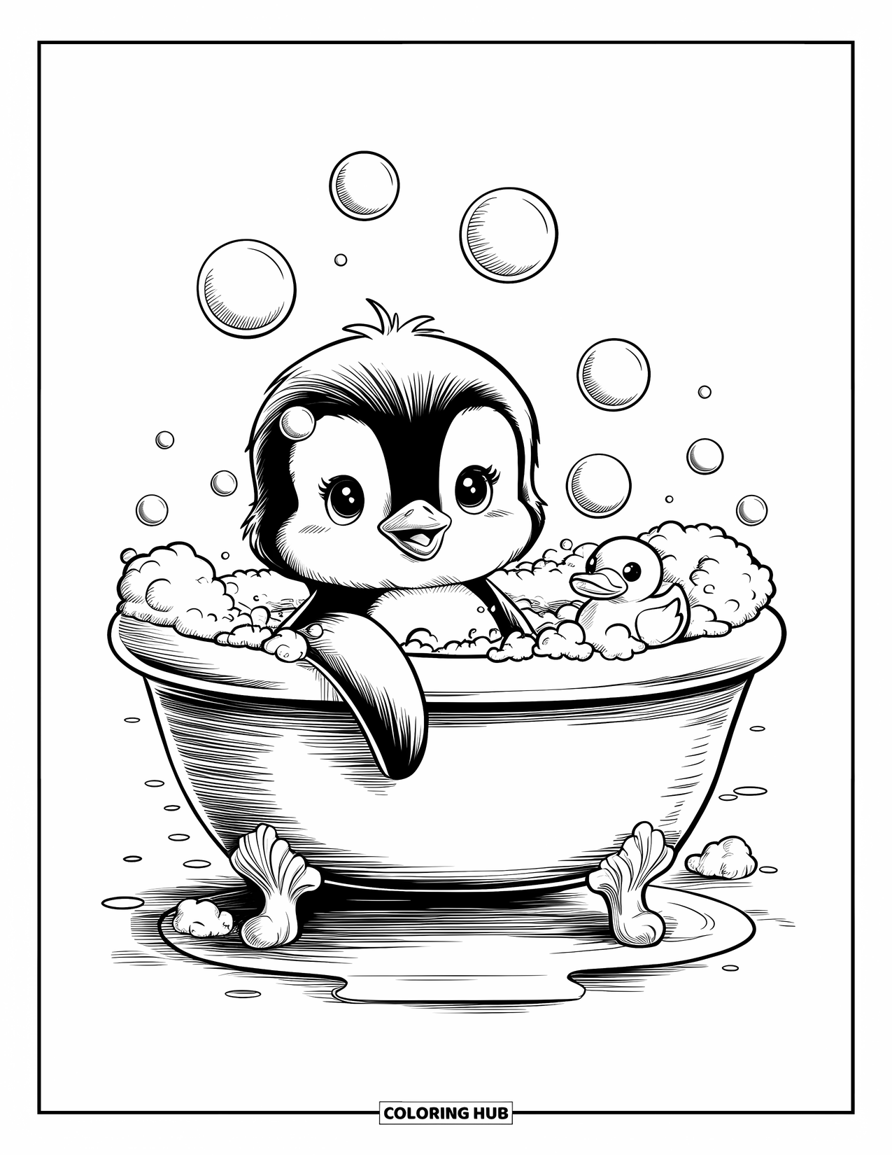Kolorowanka dla dorosłych: Mały pingwinek zażywa musującej kąpieli, otoczony pływającymi bąbelkami w radosnej scenerii