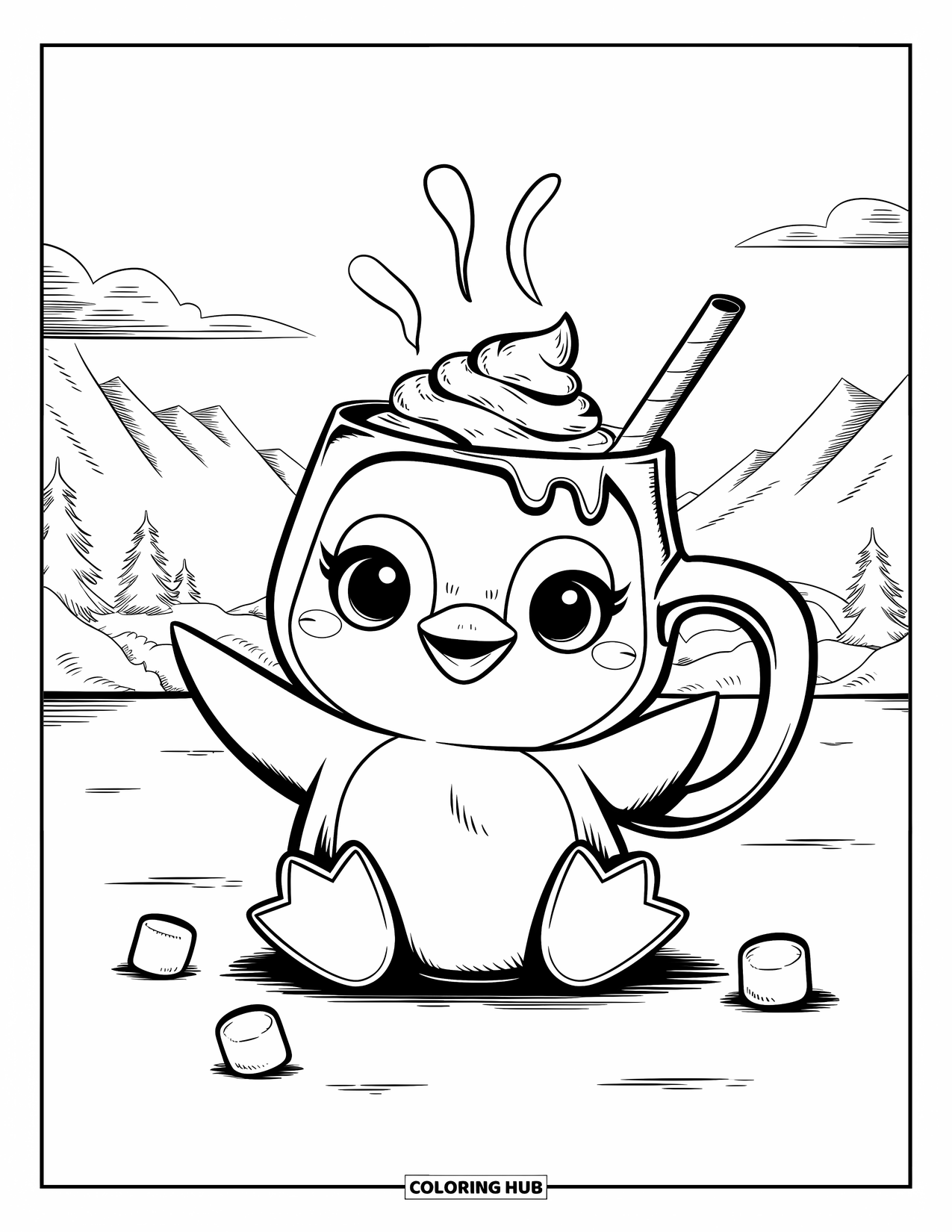 Kolorowanka dla dorosłych: Mały pingwinek delektuje się parującym napojem, wtulony w ciepły kubek na śnieżnym podłożu